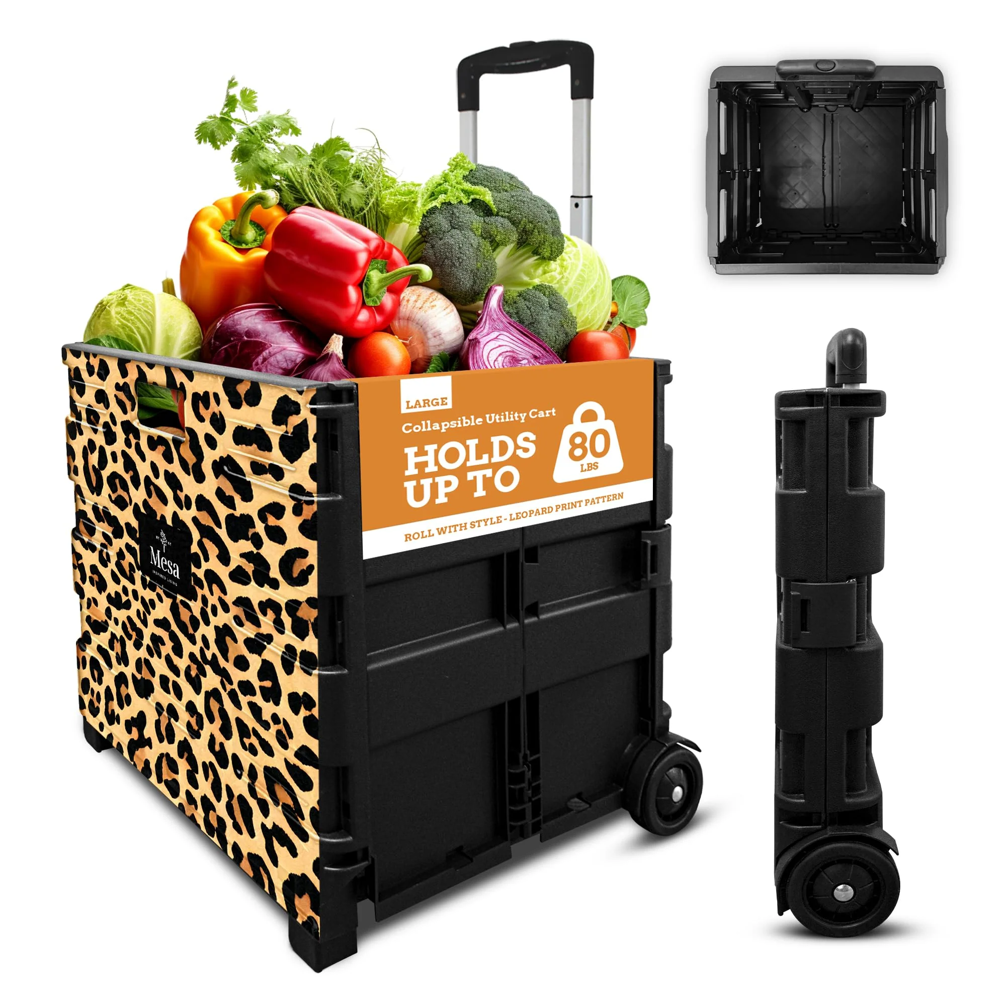 Inspired Living Ultra-Slim Rolling Collapsible Storage Pack-N-Roll Utility-carts, with Telescopic Handle, for Home, Garden, Shop
