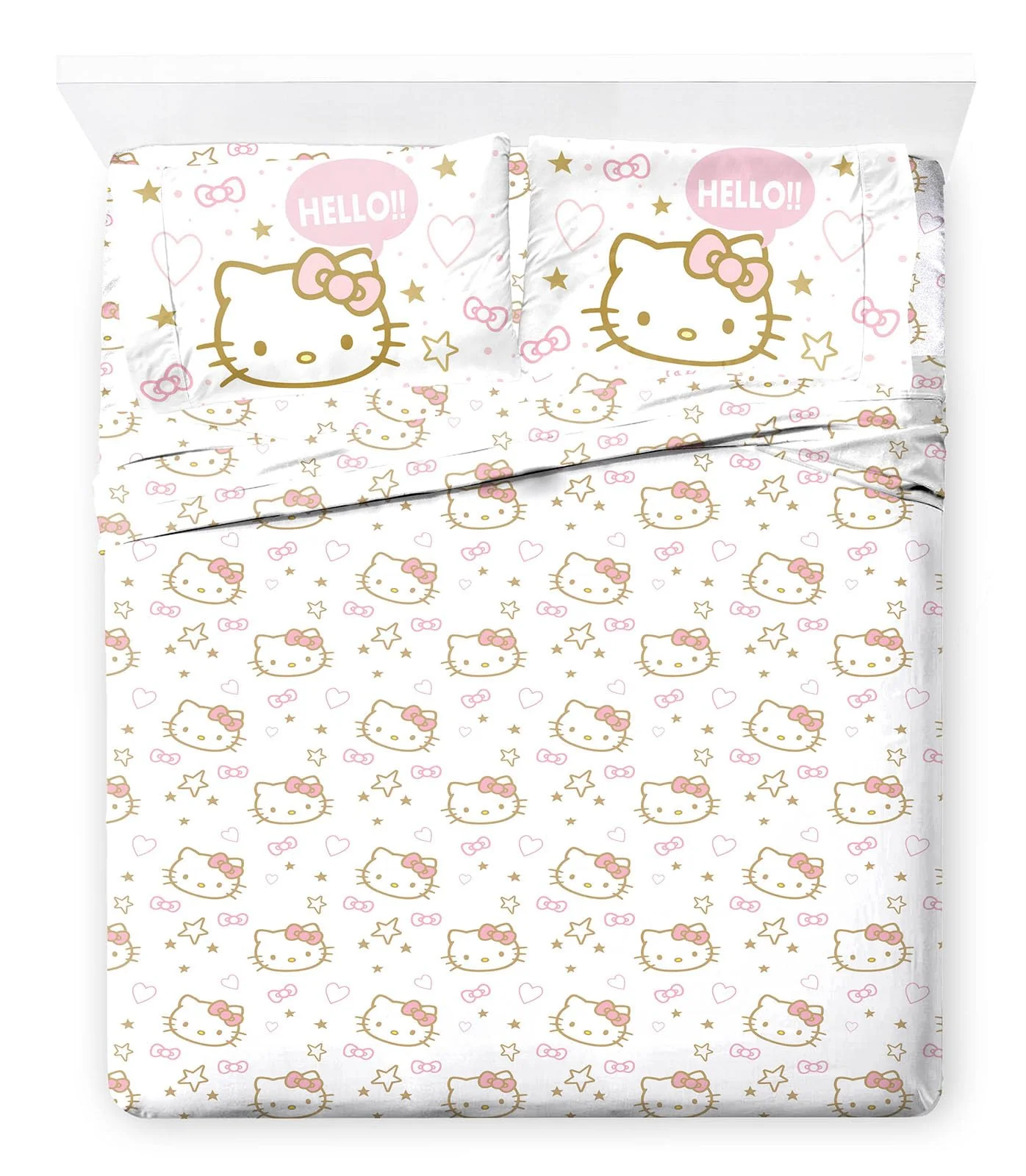 Jay Franco Hello Kitty Full Size Sheet Set - Super Soft 4 Piece Stars & Hearts Bedding Set - Microfiber Sheets Includes Reversib