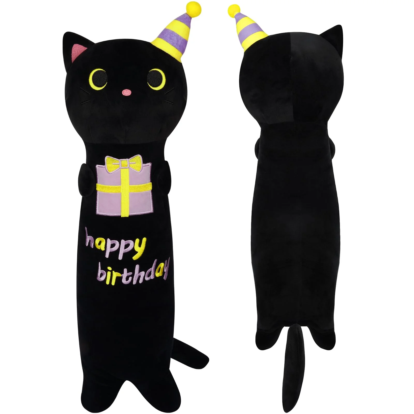 JEROKUMI Long Cat Plush Body Pillow, 24inch Birthday Stuffed Animal Black Cat Plush, Long Cat Plushie Soft Cat Hugging Pillow fo