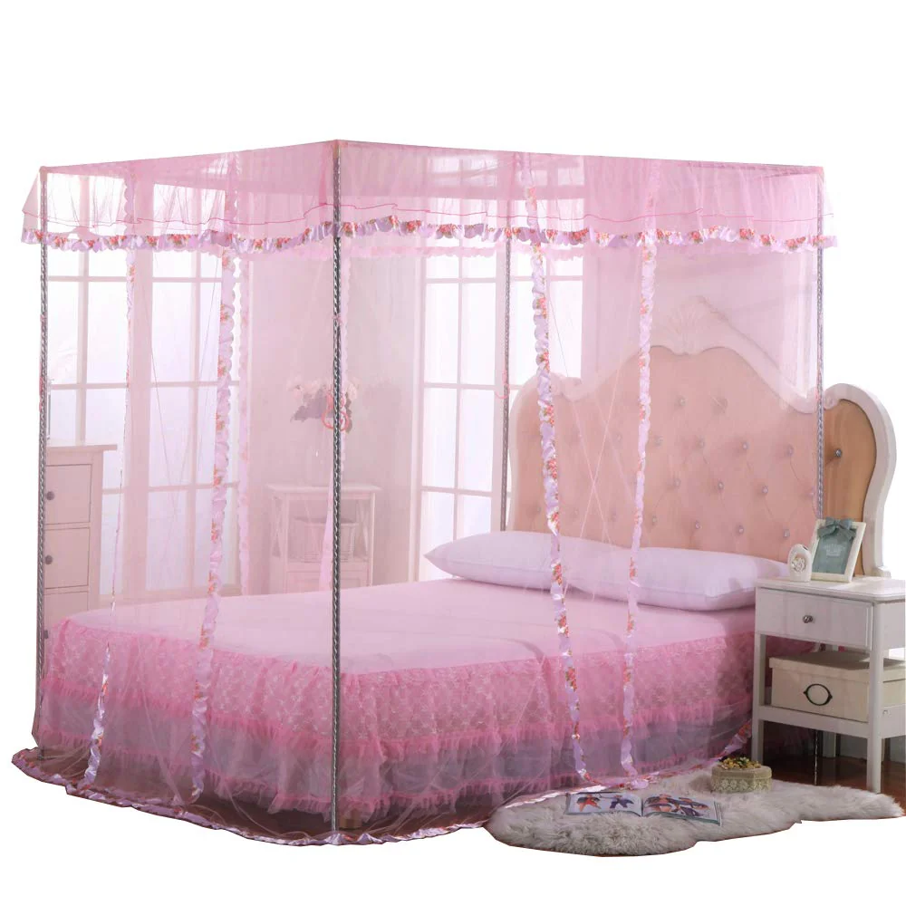 Jqwupup Pink Canopy Netting For Bed - 4 Corner Canopy For Beds, Canopy Bed Curtains, Bed Canopy For Girls Adults, Bedroom Decor