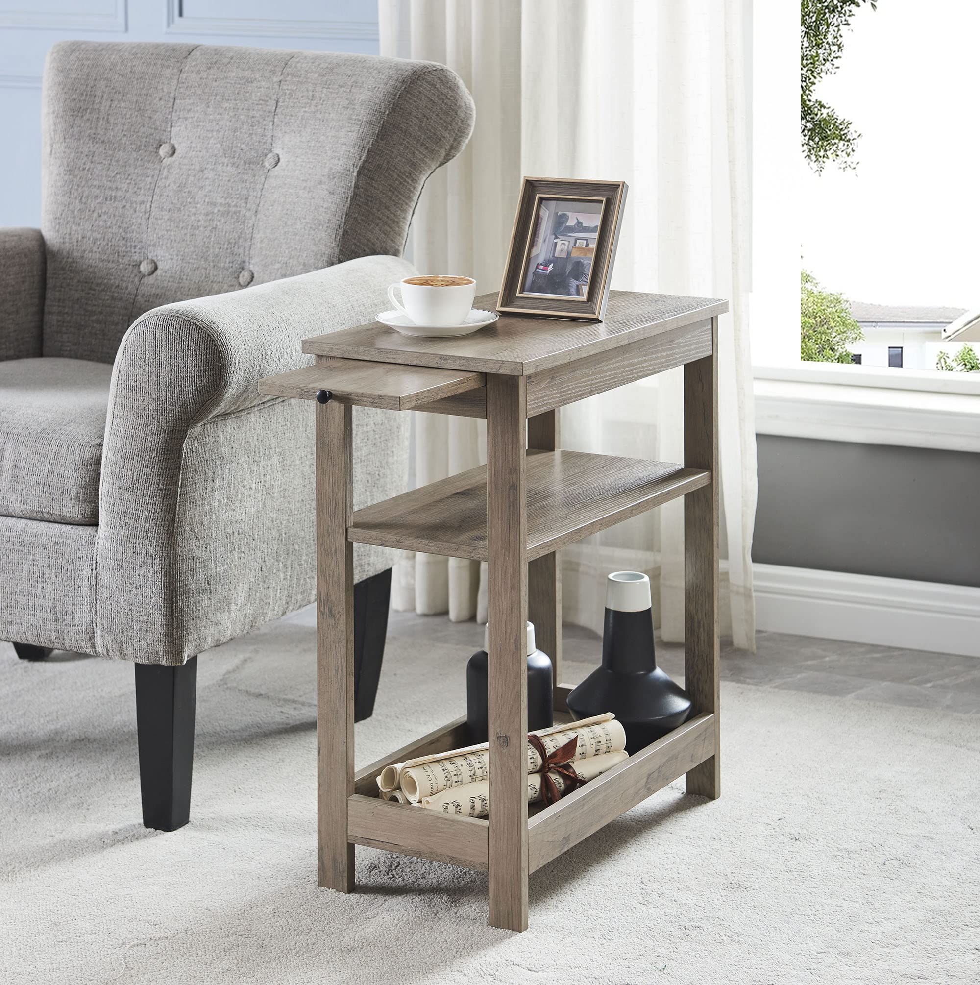KB Designs - Narrow Side End Table with Storage Shelves for Small Spaces, Nightstand Sofa Table for Living Room, Bedroom, Walnut