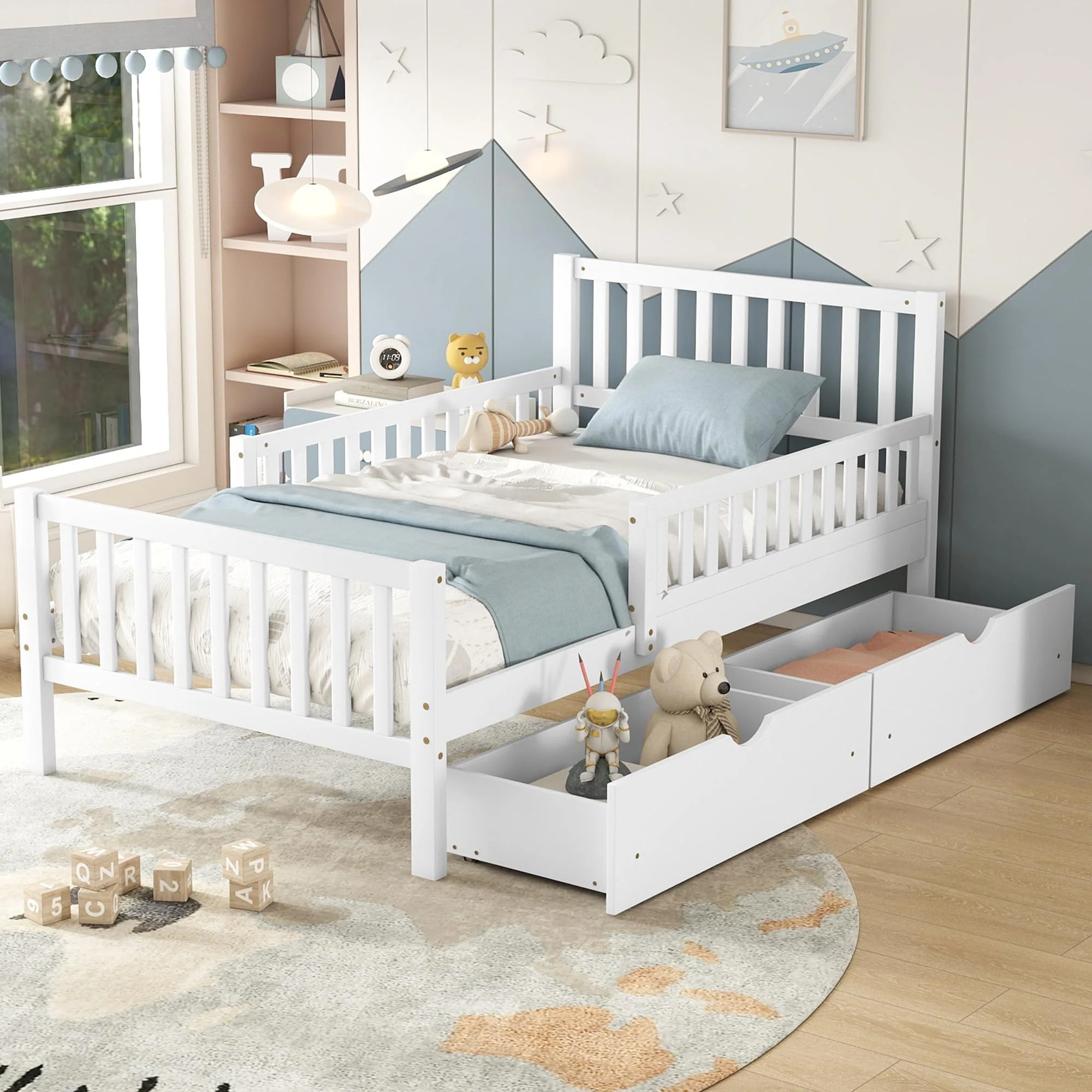Kids Twin Size Bed Frame with Storage Drawers, Wood Twin Bed Frames for Kids, Twin Bed Frame with Headboard and Footboard for Bo