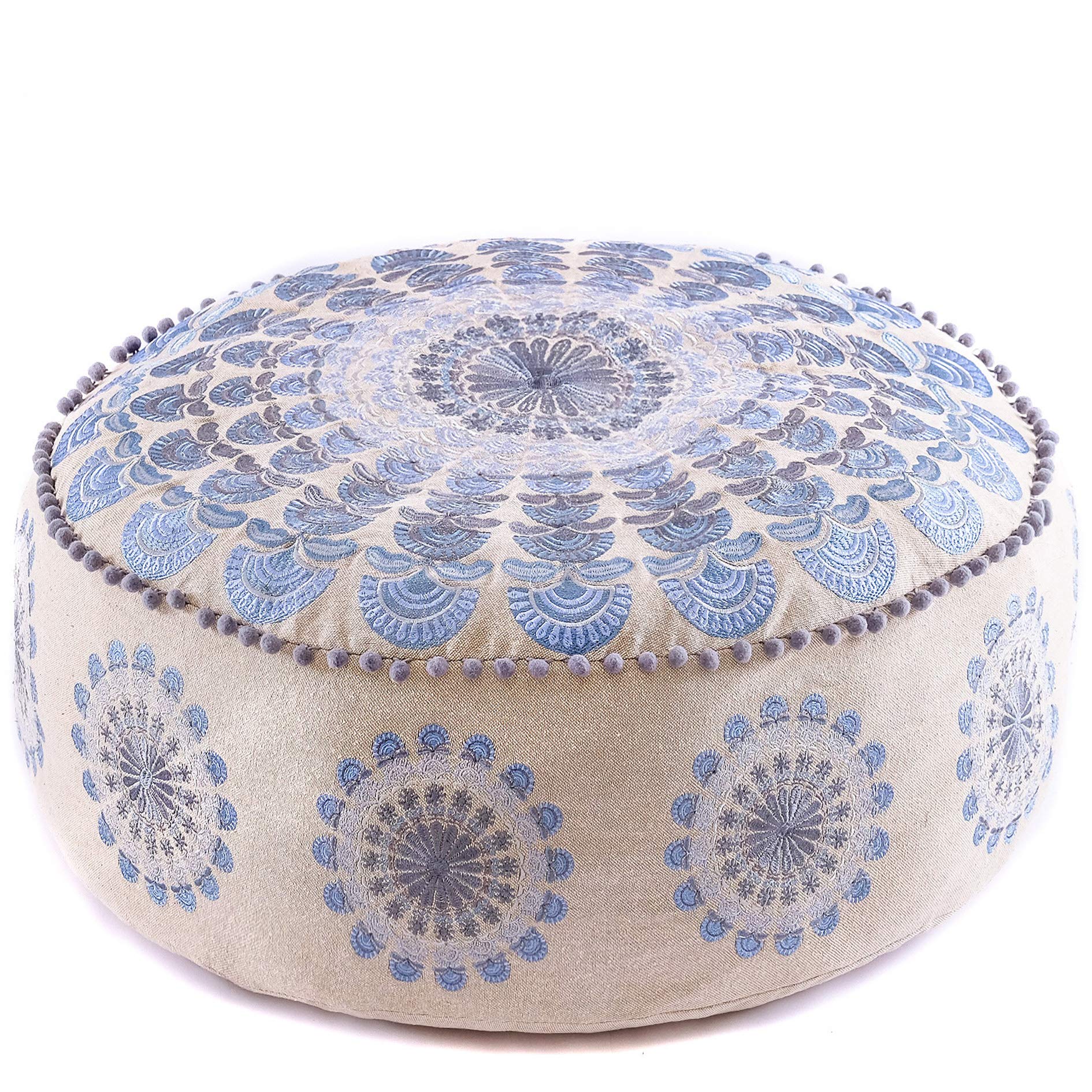Large Round Floor Pillow Cover Blue Indian D Corative Accent Meditation Cushion Perfect For Living Room, Bedroom, Nursary Or Ch