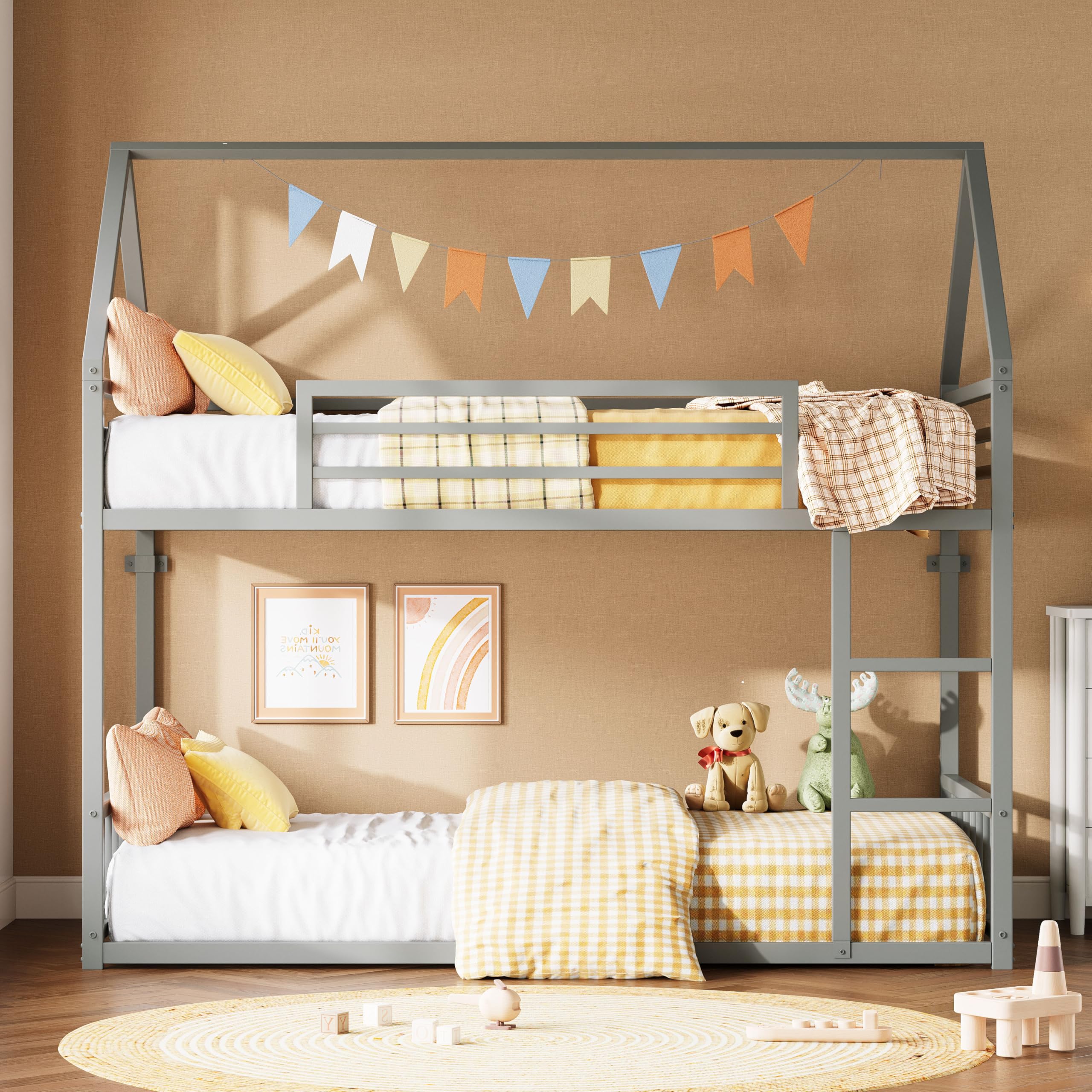 LIKIMIO Bunk Bed Twin Over Twin, House Bunk Bed Frame with Ladder and Guardrail, House Shaped with Metal Slats for Dormitory and