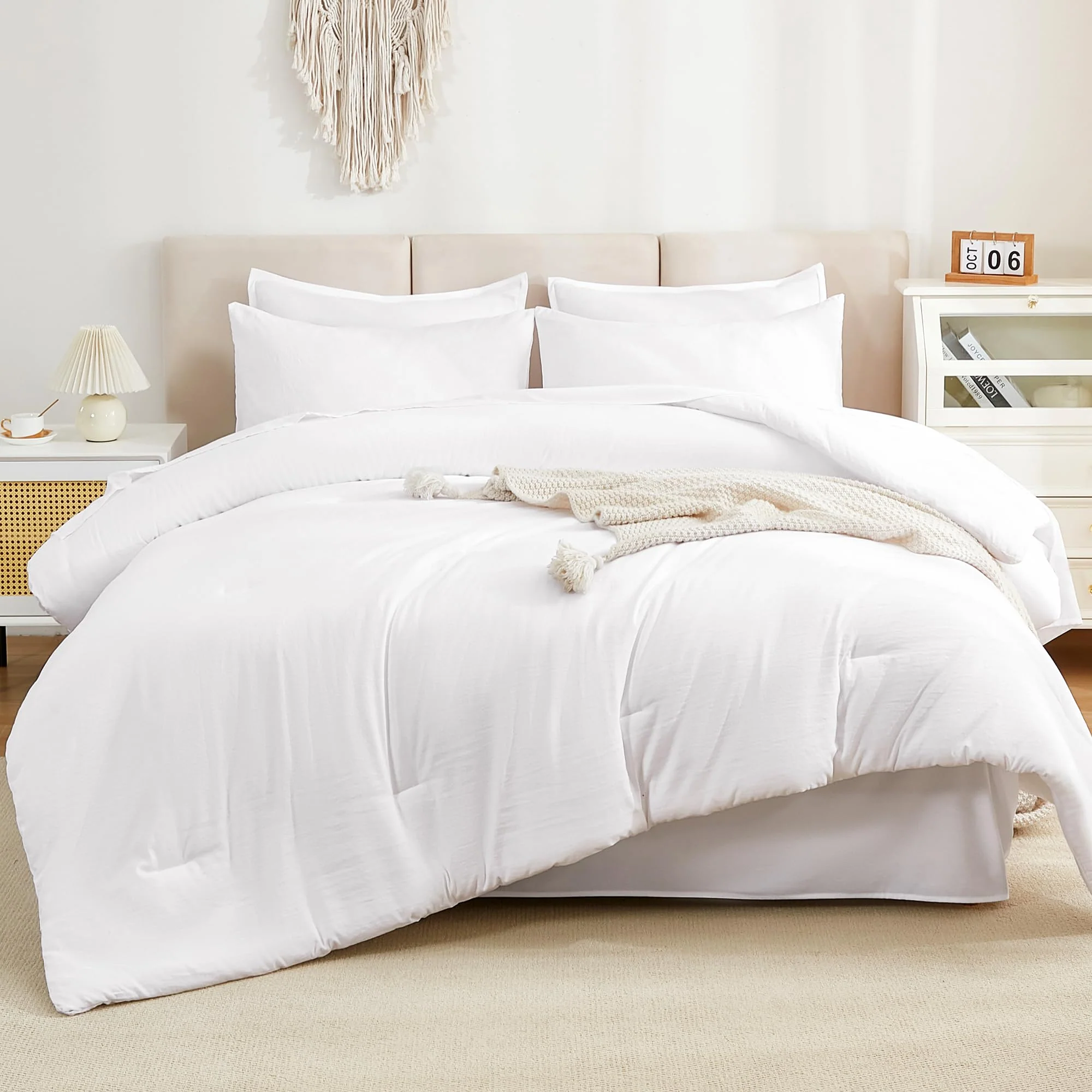 Litanika Comforter Queen Size Set White - 7 Pieces Bed In A Bag Queen Beddding Comforter Sets, Plain Lightweight Bed Set With Co