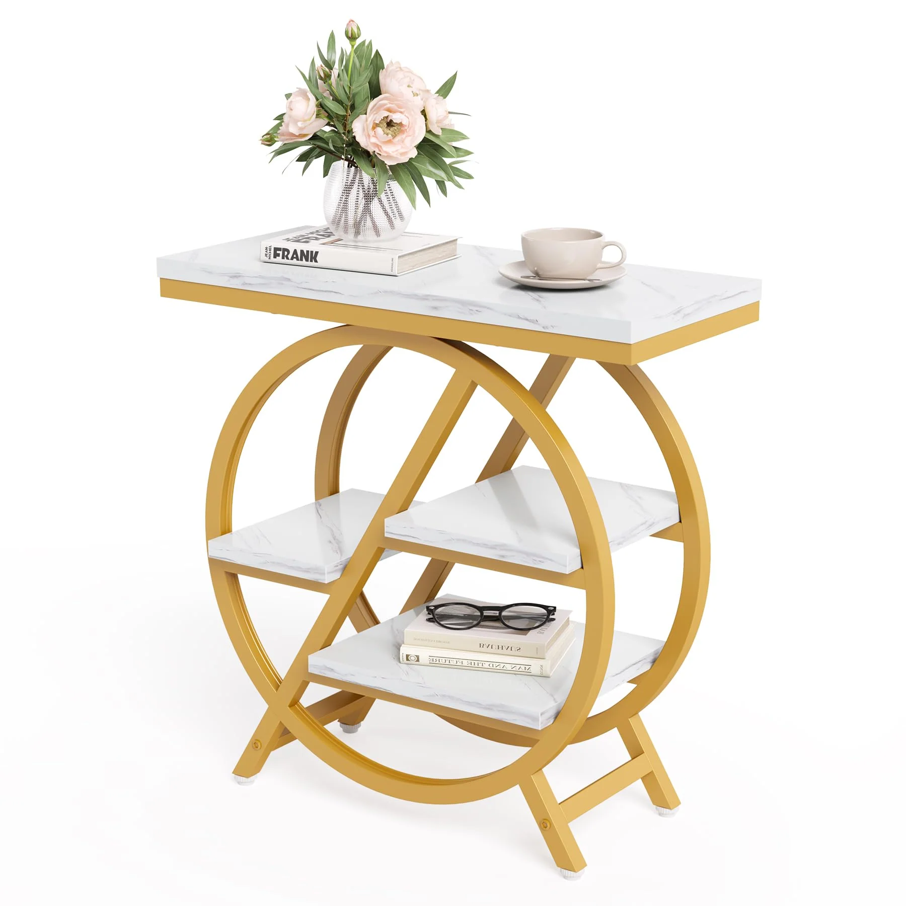 LITTLE TREE End Table, 4-Tier Narrow Faux Marble Side Table with Large Storage Space, Modern Nightstand and Bedside Table for Li