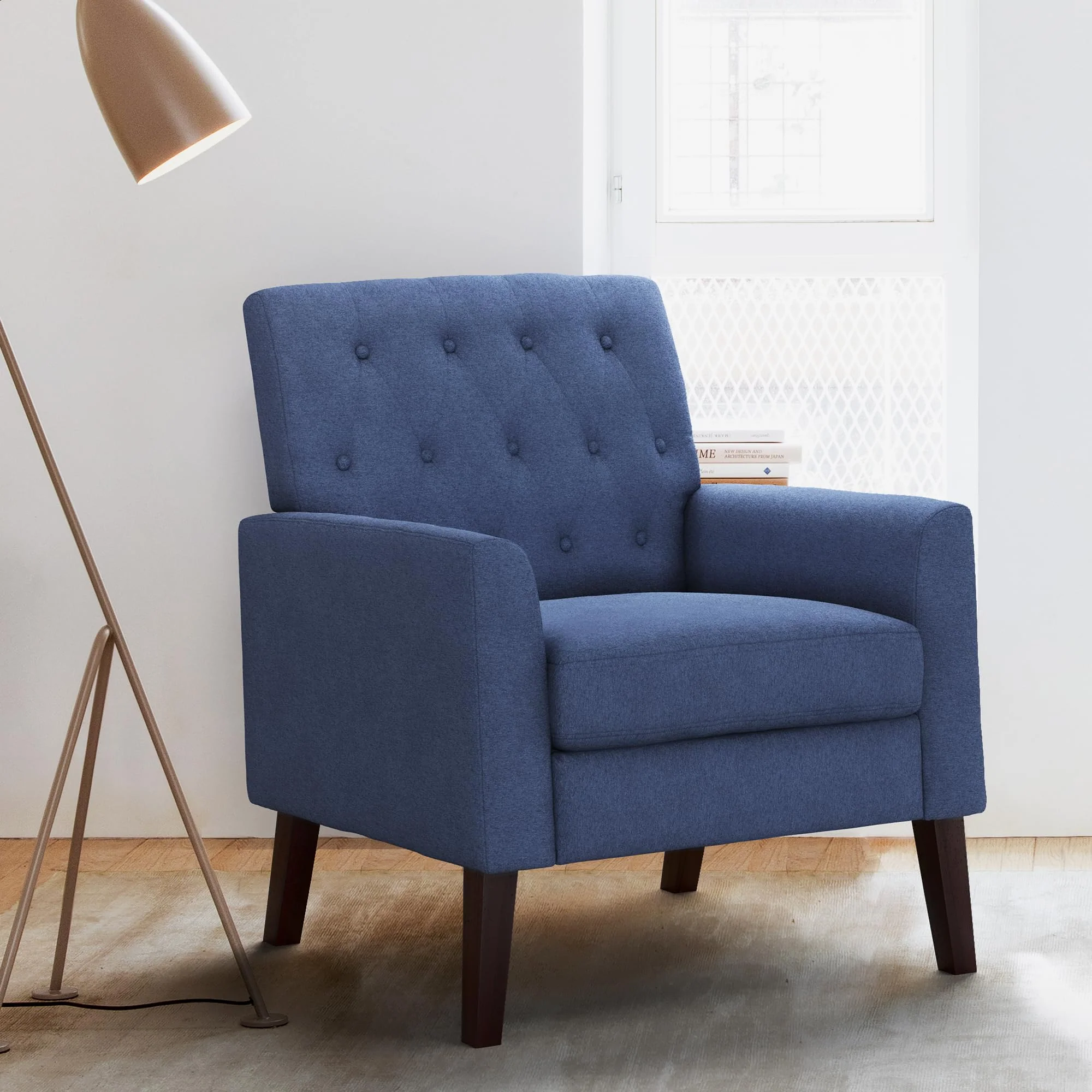 Lue Bona Navy Blue Linen Accent Chair 18.5' H, Button Tufted Armchair, Comfy Living Room Chair With Arms, Upholstered Modern Ar