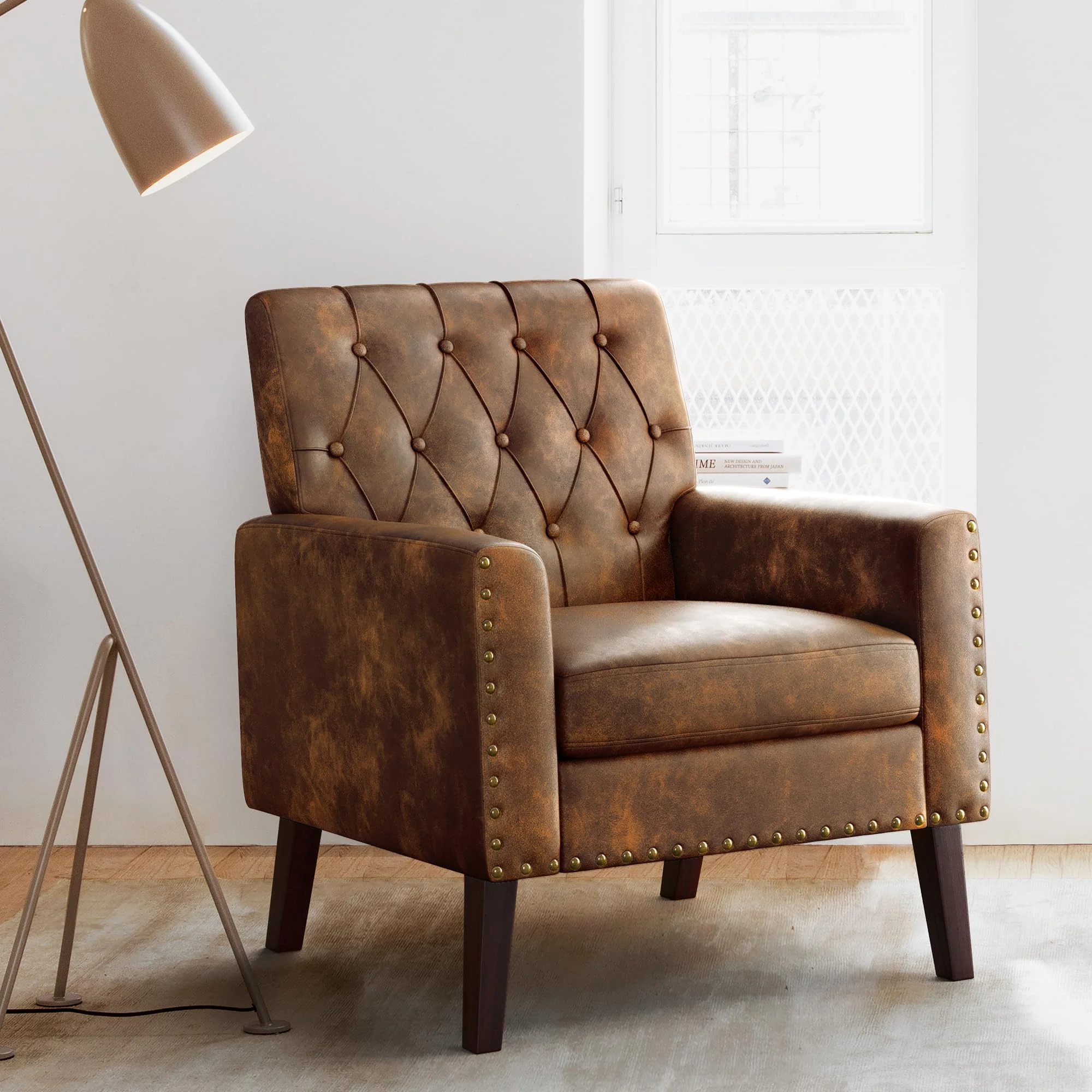 Lue Bona Upholstered Faux Leather Accent Chair 18.5' H, Button Tufted Armchair, Comfy Living Room Chair With Arms, Modern Arm C