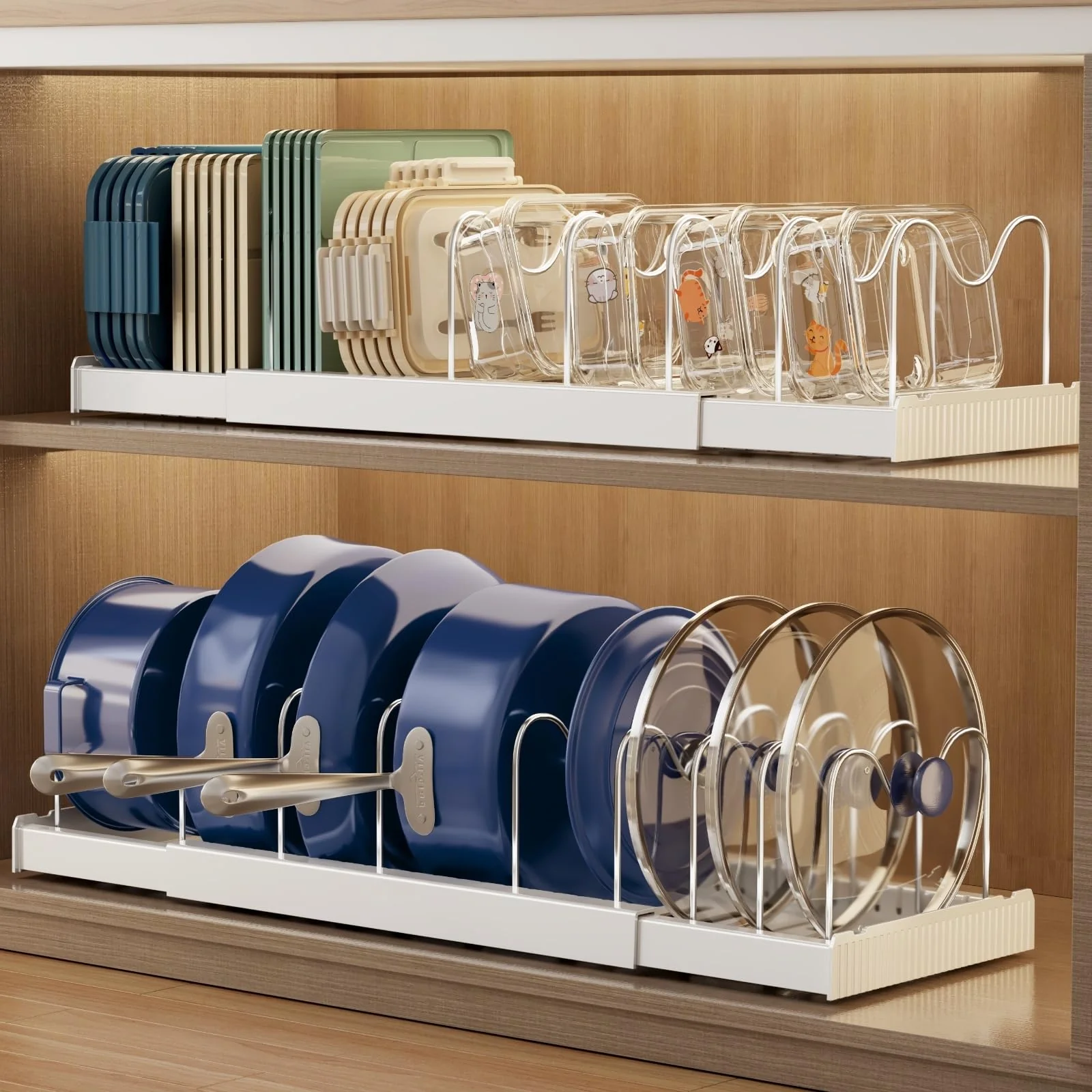 Magheo 2 Pack Expandable Food Storage Container Lid Organizers, 22 Pots and Pans Organizer Under Cabinet with 9 Adjustable Divid