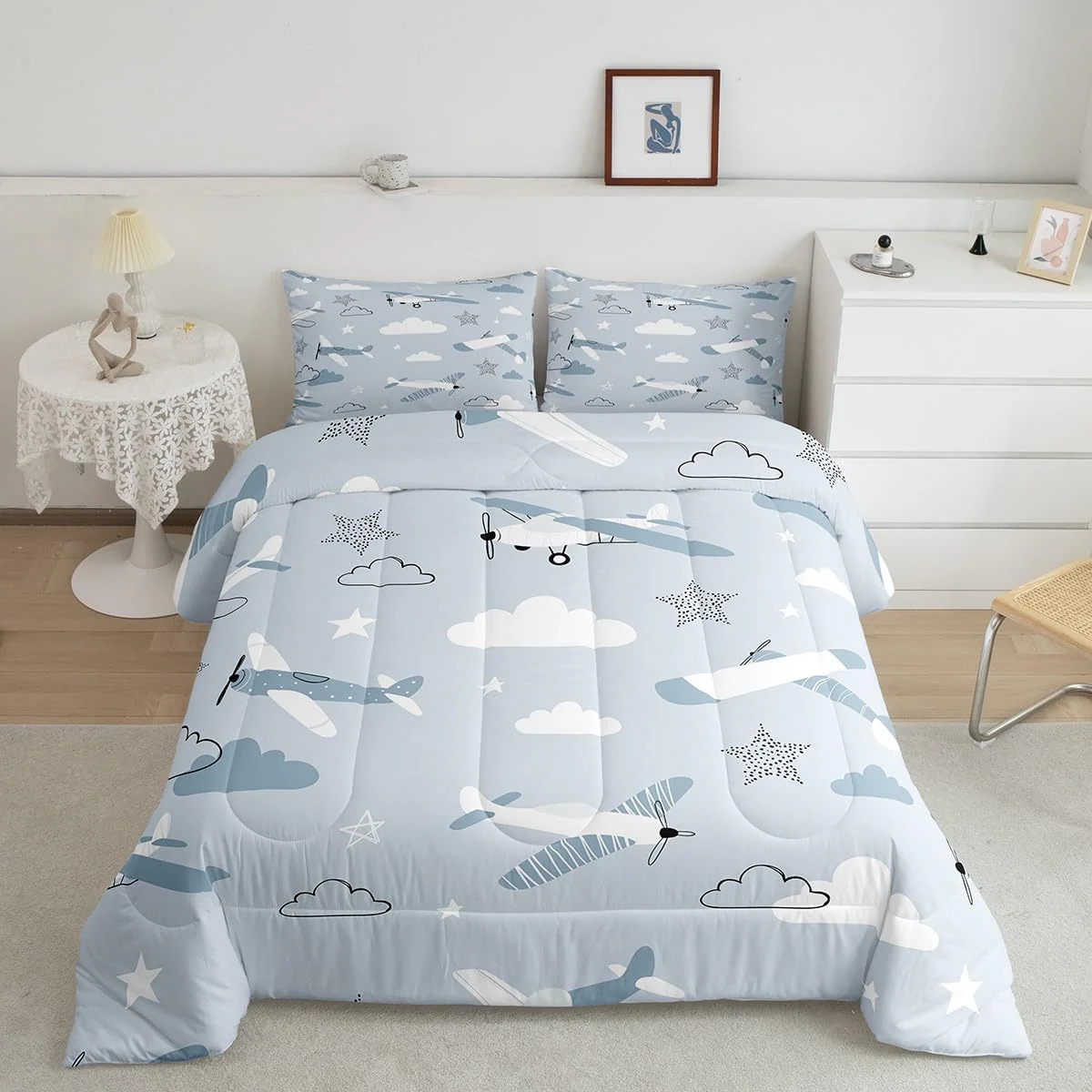 Manfei Cartoon Airplanes Kids Comforter Set Twin Size,Cute Aircraft Toddler Bedding Set For Boys Girls Adults,Starry Clouds Oute