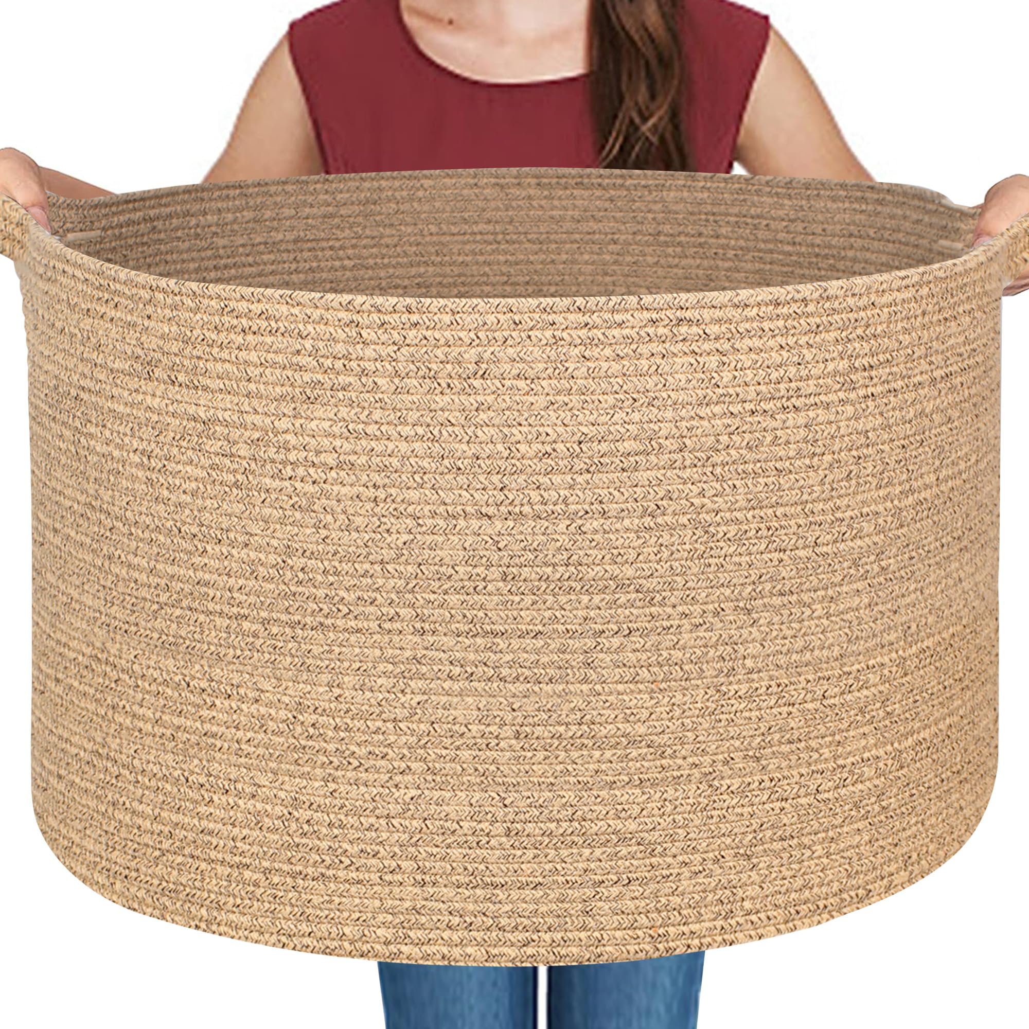 MEGASKET Large Wicker Storage Basket, 22 X 22 X 14 Woven Cotton Rope Basket, Kids Dog Toy Bin Organizer, Blanket Pillow
