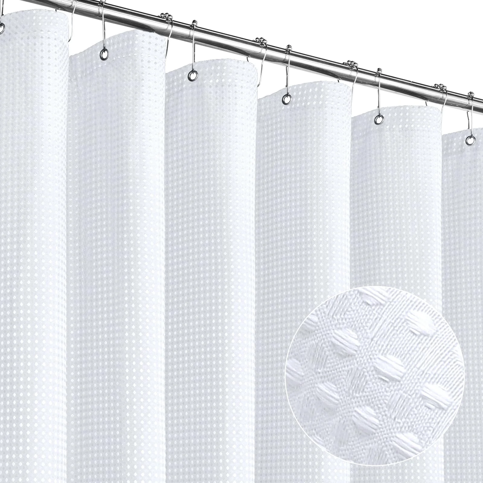 Mitovilla White Modern Waffle Shower Curtain, Heavyweight Fabric Shower Curtains For Hotel Neutral Bathroom Decor, Luxury Waffle