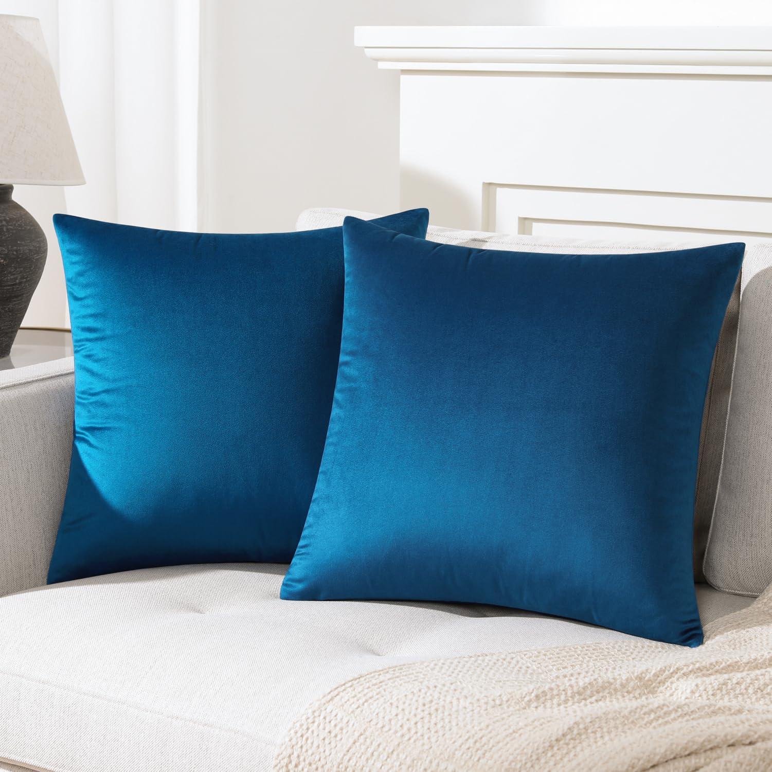 Mixhug Decorative Throw Pillow Covers, Velvet Cushion Covers, Solid Throw Pillow Cases For Couch And Bed, Blue, 24 X 24 Inches,