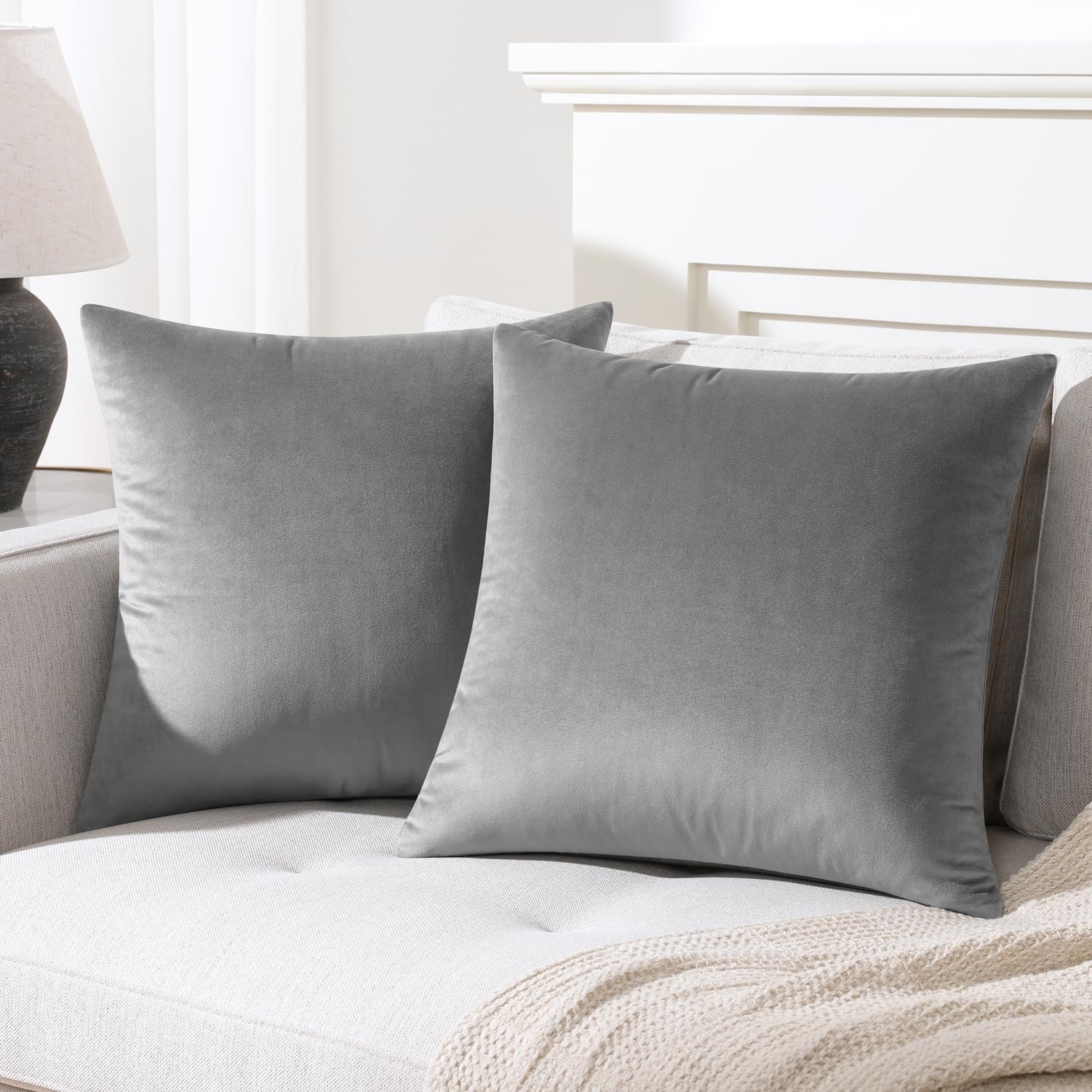 Mixhug Decorative Throw Pillow Covers, Velvet Cushion Covers, Solid Throw Pillow Cases For Couch And Bed, Grey, 24 X 24 Inches,