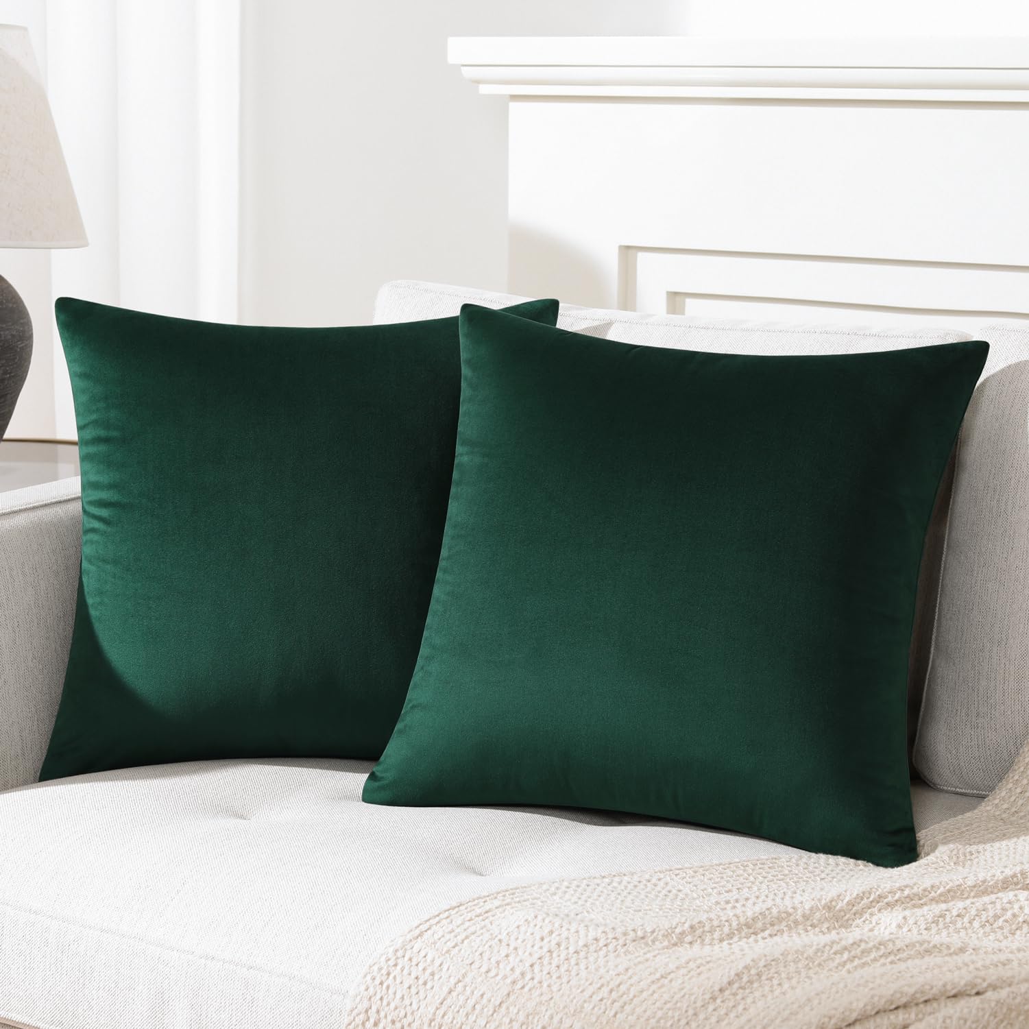 Mixhug Set Of 2 Cozy Velvet Square Decorative Throw Pillow Covers For Couch And Bed, Dark Green, 18 X 18 Inches