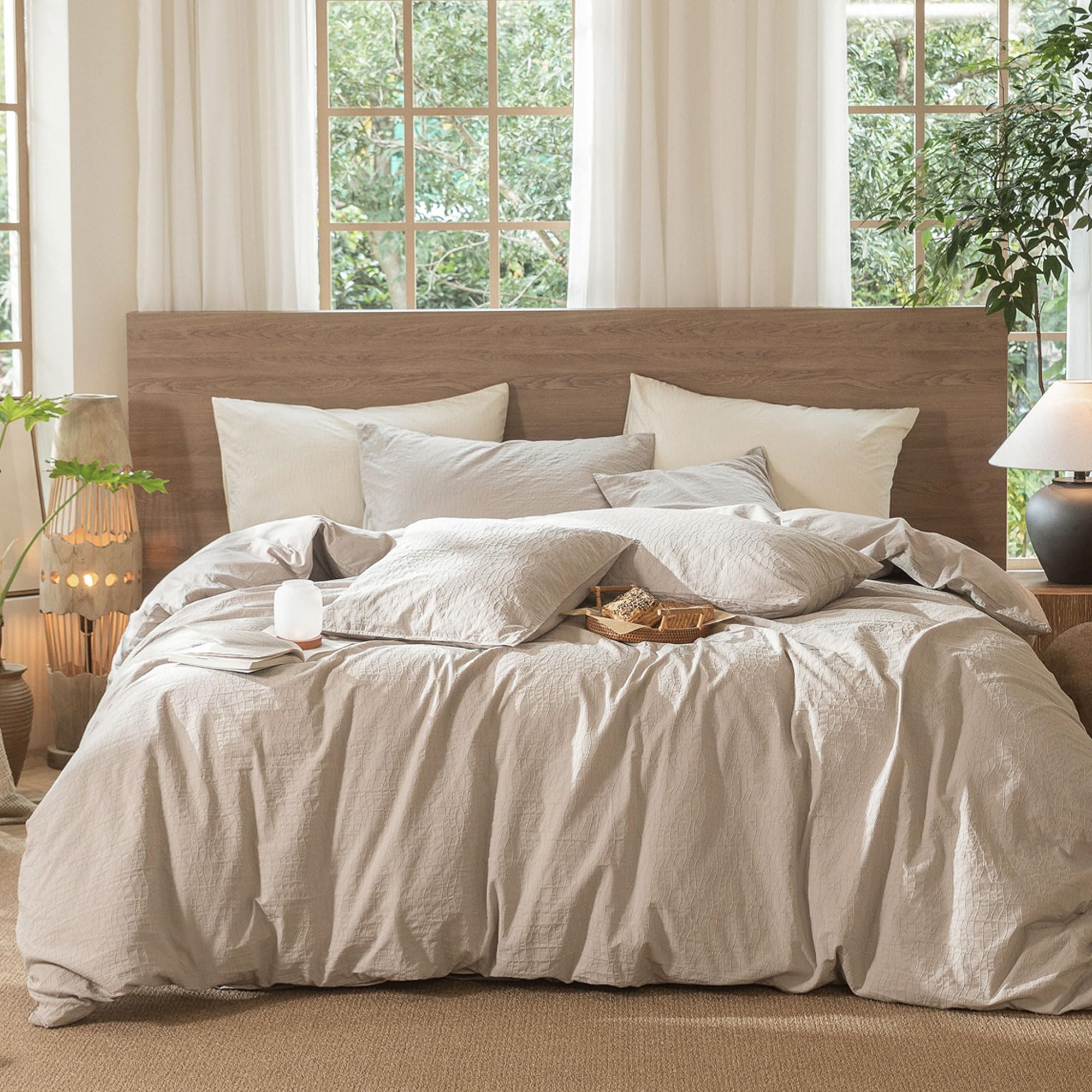 MooMee Wavy Striped Duvet Cover Set 100% Washed Cotton Linen Like Textured Breathable Durable Soft Comfy (Beige, Cal King 104x98