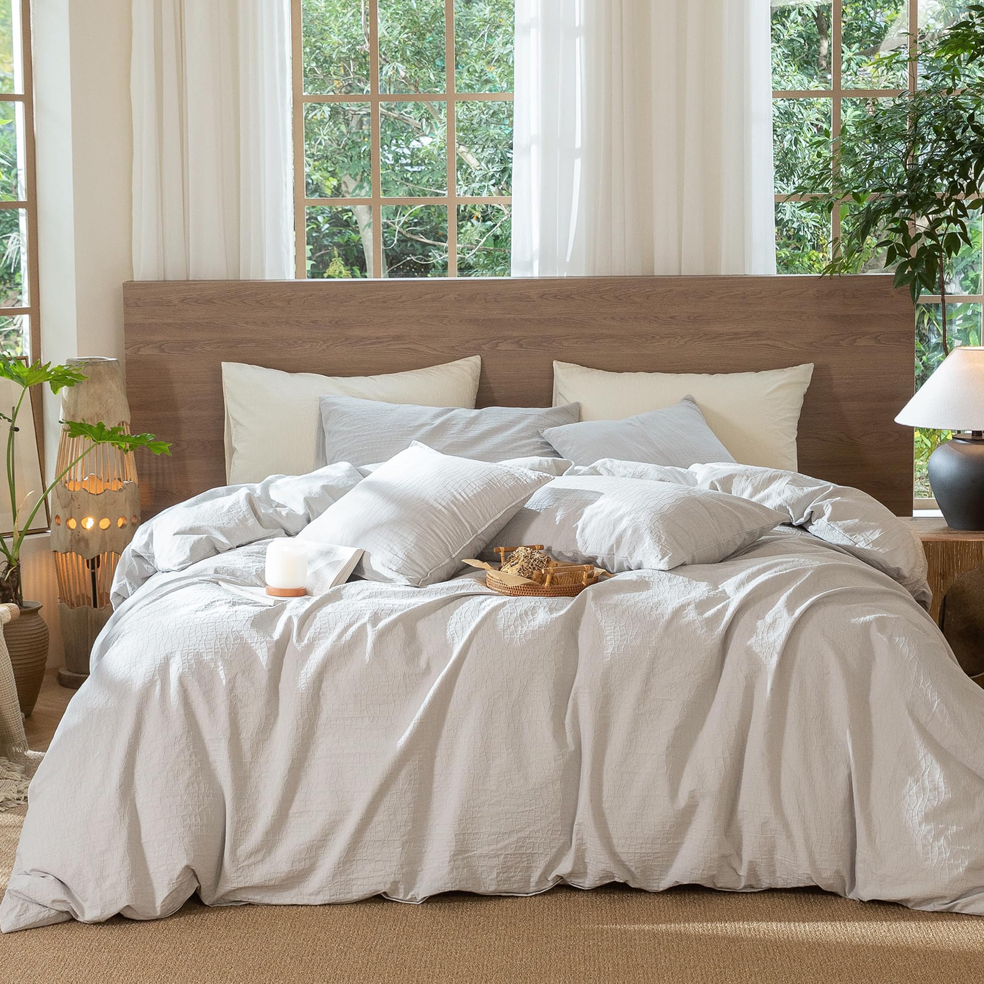 MooMee Wavy Striped Duvet Cover Set 100% Washed Cotton Linen Like Textured Breathable Durable Soft Comfy (Light Grey, Palatial K