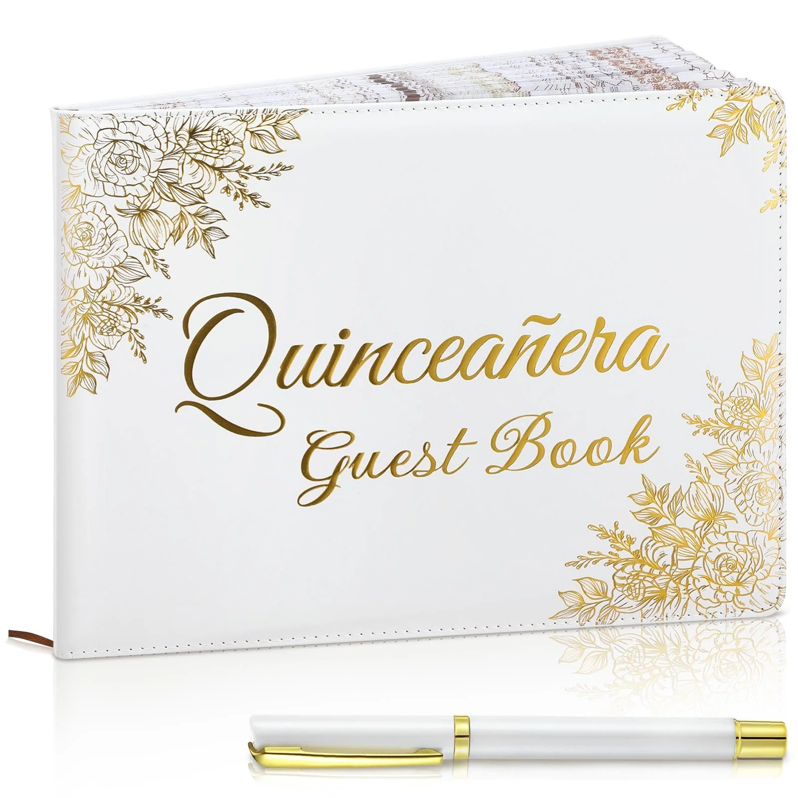 MotiMind Quinceaera Guest Book with Pen 11 x 8 Inch Libro De Firmas Para 15 Aos Quinceanera Leather Hardcover Signature Book Gue