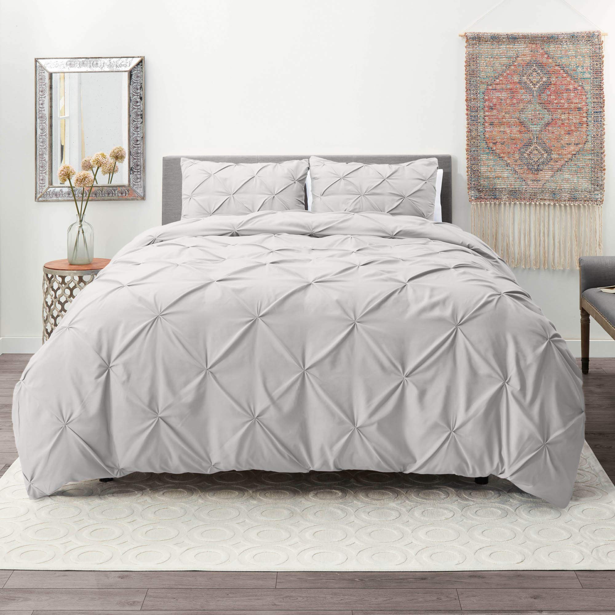 Nestl Grey Lavender Duvet Cover Full Size - Pintuck Full Size Duvet Cover Set, 3 Piece Double Brushed Duvet Cover With Button Cl