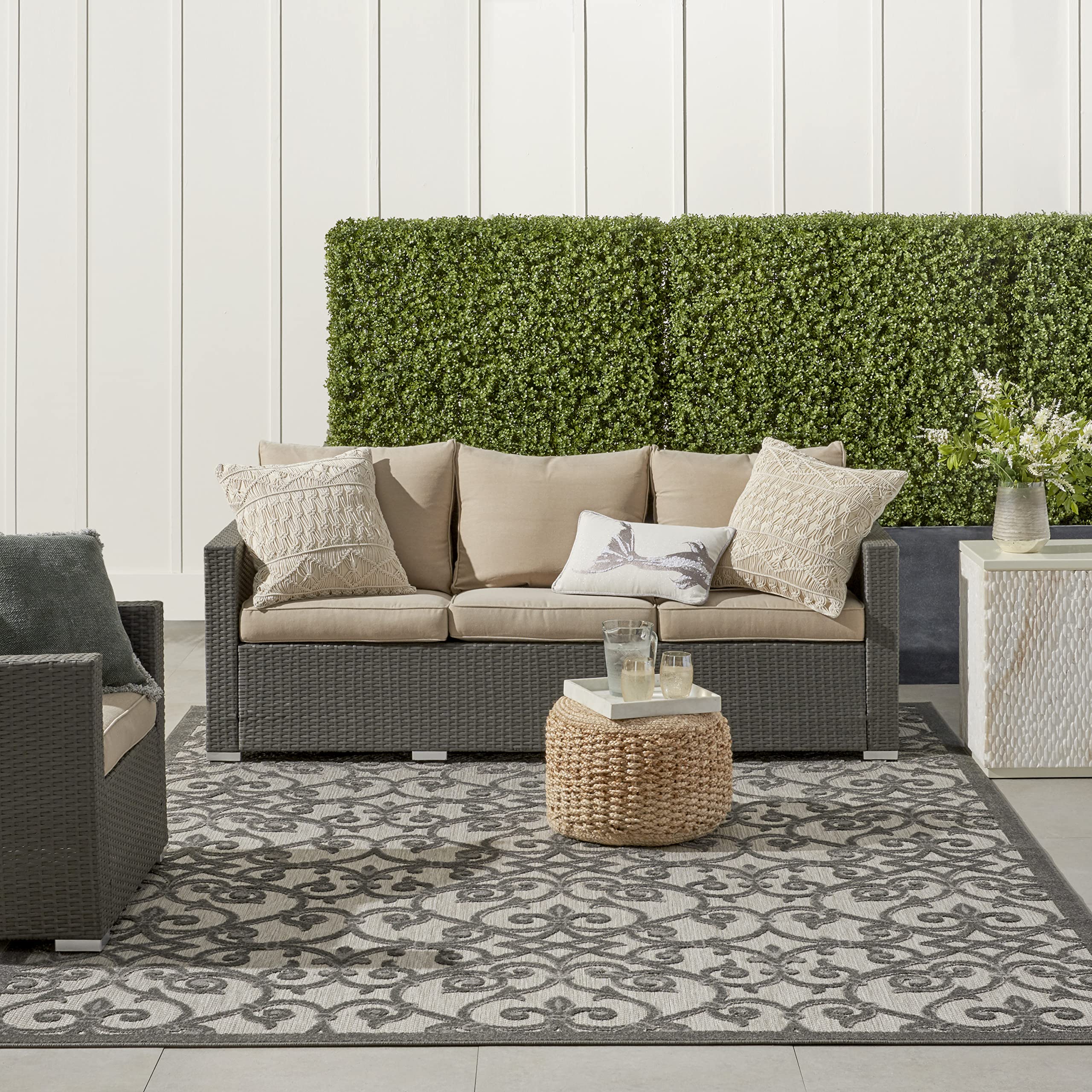 Nourison Aloha Indoor/Outdoor Grey/Charcoal 7'10' X 10'6' Area Rug, Transitional, French Country, Easy Cleaning, Non Shedding,