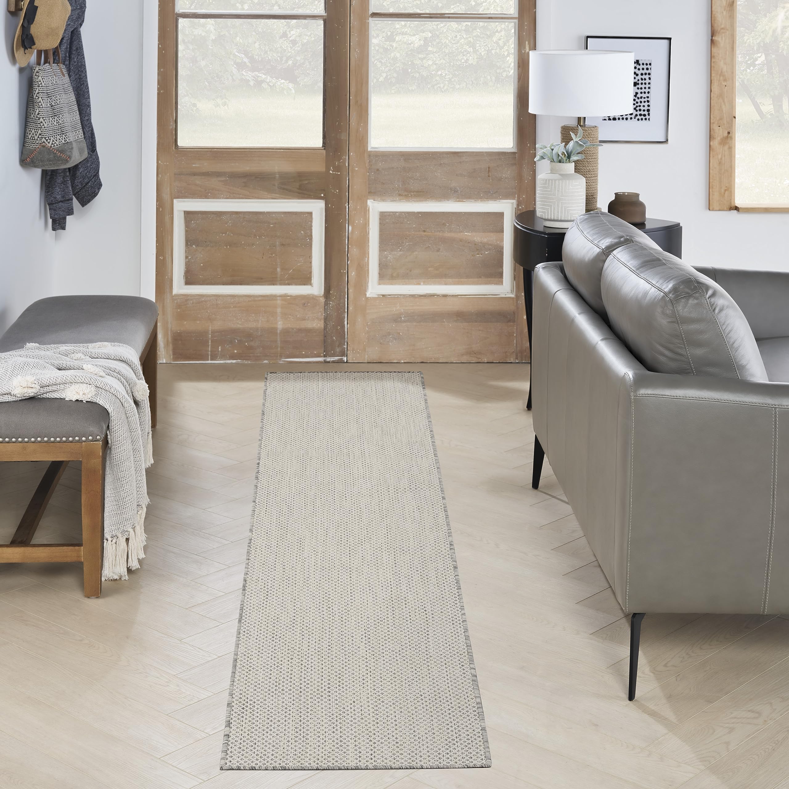 Nourison Courtyard Indoor/Outdoor Ivory Silver 2'2' X 20' Area Rug, Easy Cleaning, Non Shedding, Bed Room, Living Room, Dining