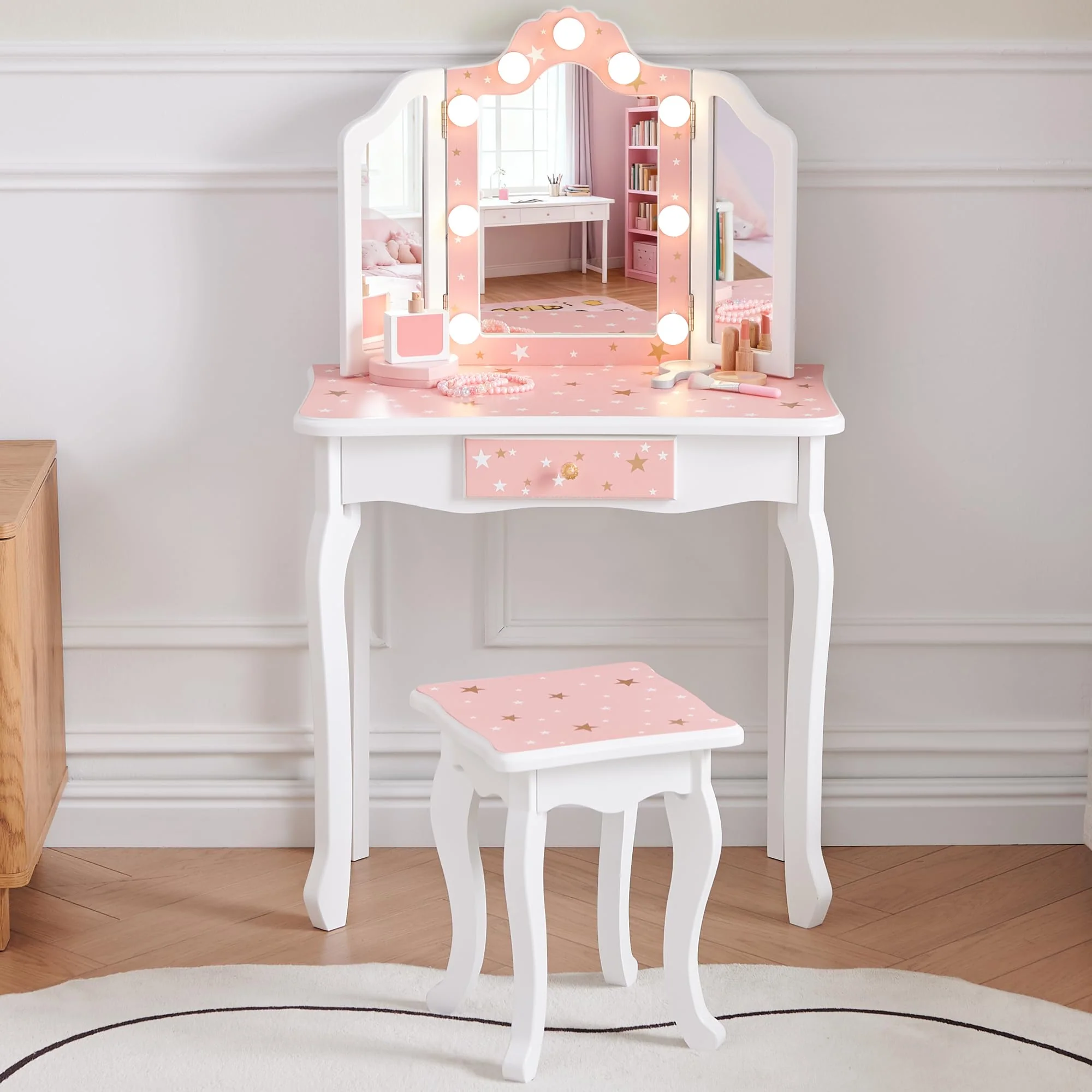 Nromant Kids Vanity Set, Princess Toddler Makeup Vanity with Mirror and 3-Color LED Lighted, Wooden Kids Vanity Table and Chair