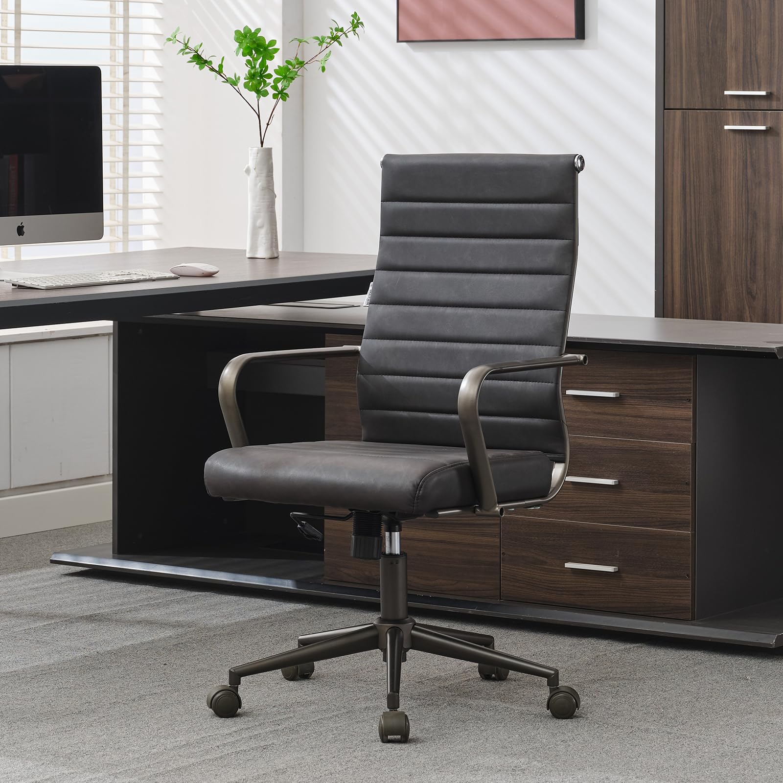 Okeysen Leather Office Desk Chair, Ergonomic Mid Century Modern Conference Room Chairs, Executive Ribbed Height Adjustable Swive