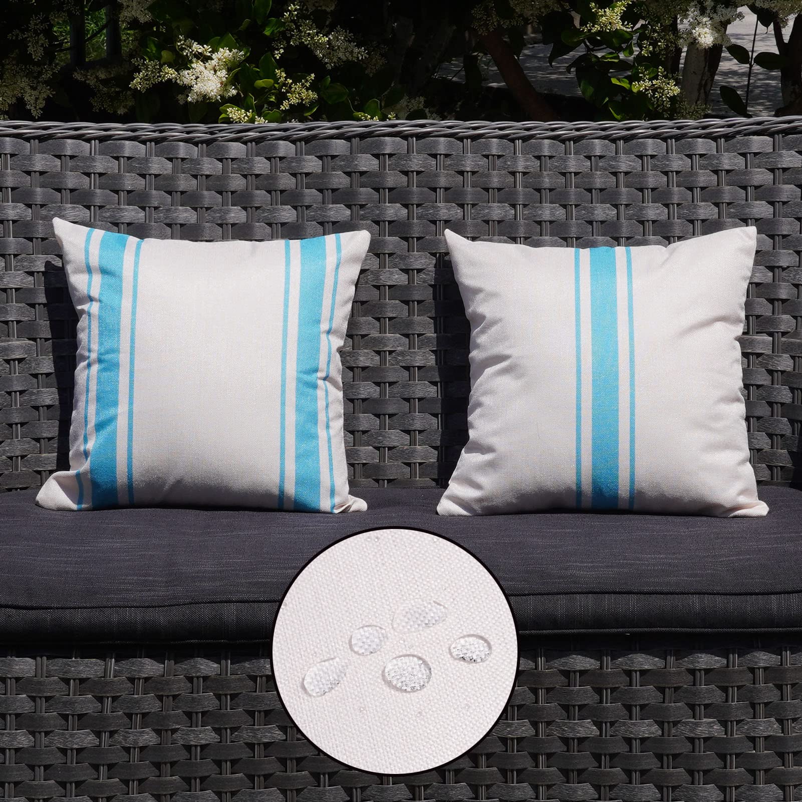 Onway Outdoor Pillow Covers Waterproof 16X16 Set Of 2 Decorative Linen Throw Pillow Cover Beige And Blue Striped Outdoor Pillows