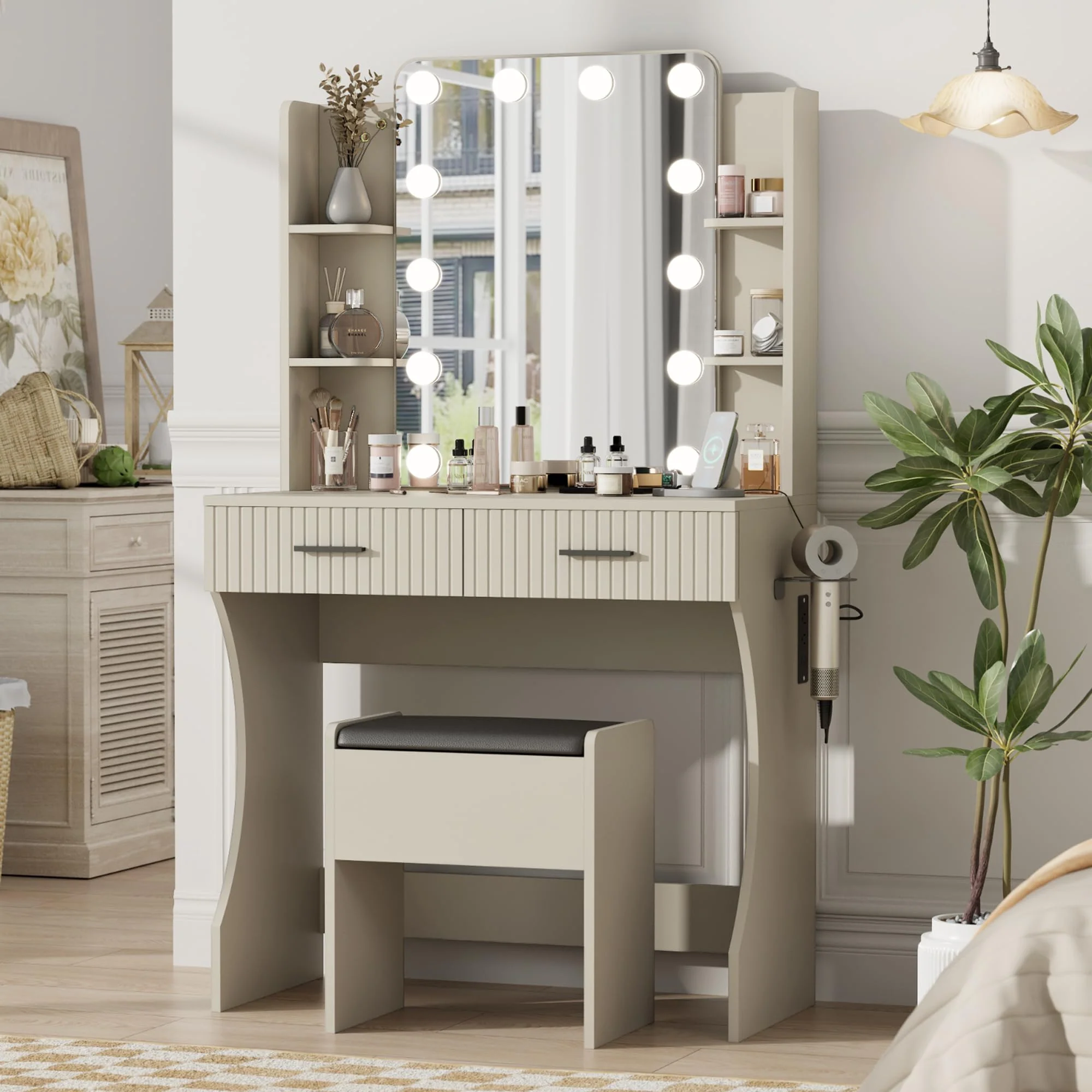 Otterease Vanity Desk with LED Lighted Mirror, Makeup Vanity with 3 Adjustable Lights, 2 Large Drawers and 4 Open Shelves, Gray