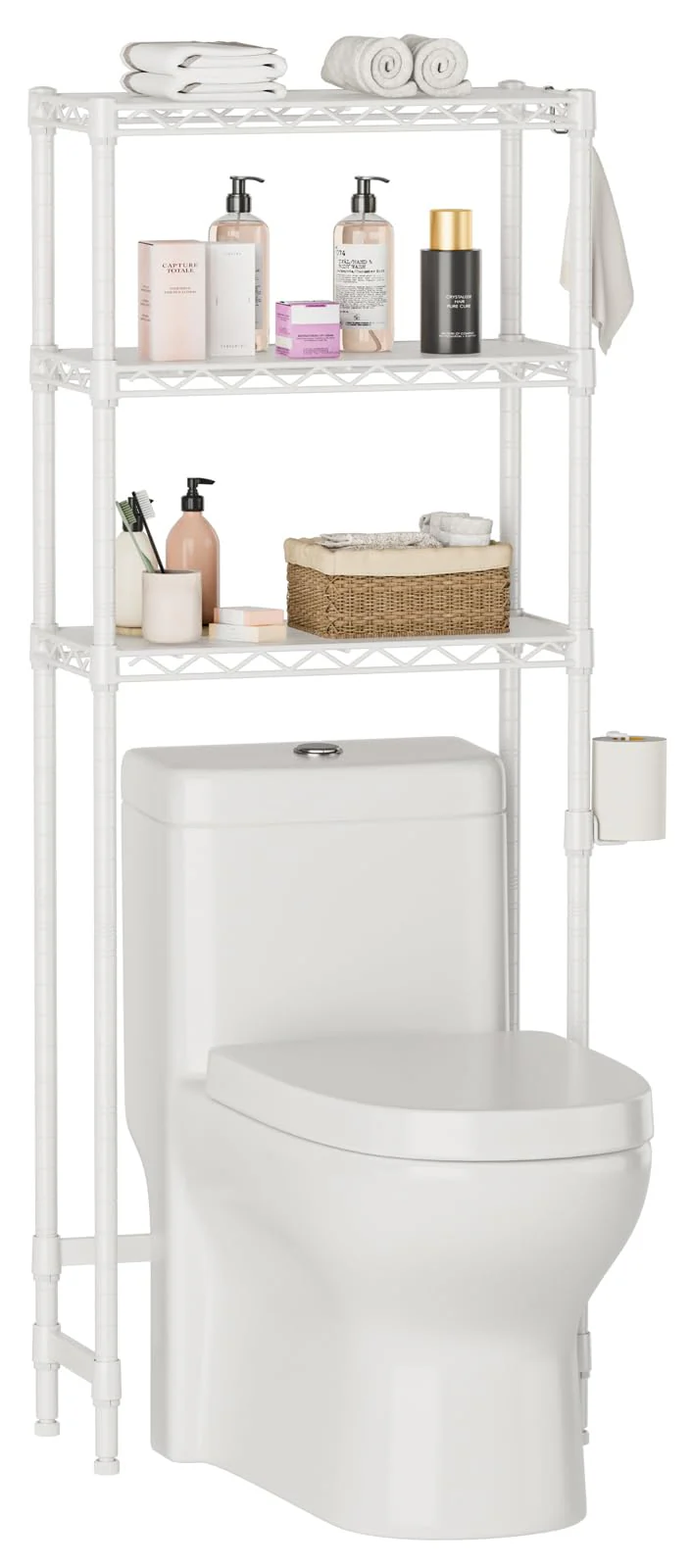 Over The Toilet Shelf,3-Tier Adjustable Freestanding Metal Bathroom Organizer Shelves with Toilet Paper Holder & Hooks,Space-Sav