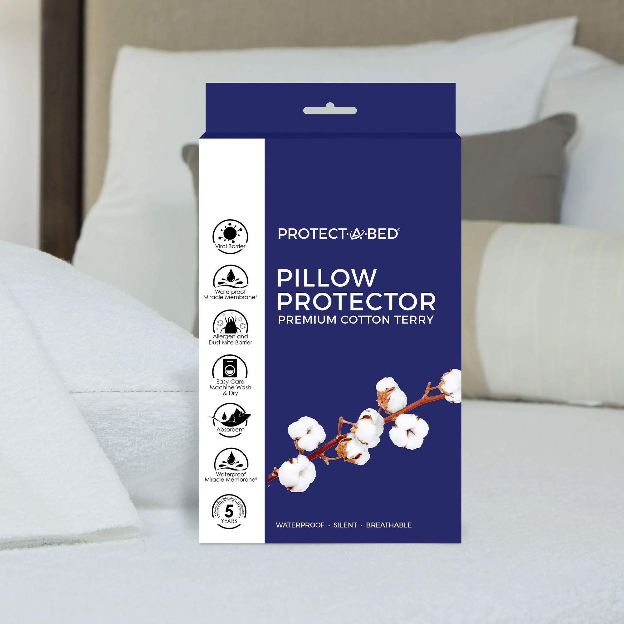 Protect-A-Bed, Premium Cotton Terry Pillow Protector, Zippered, Waterproof, 1-Pack, Queen Size