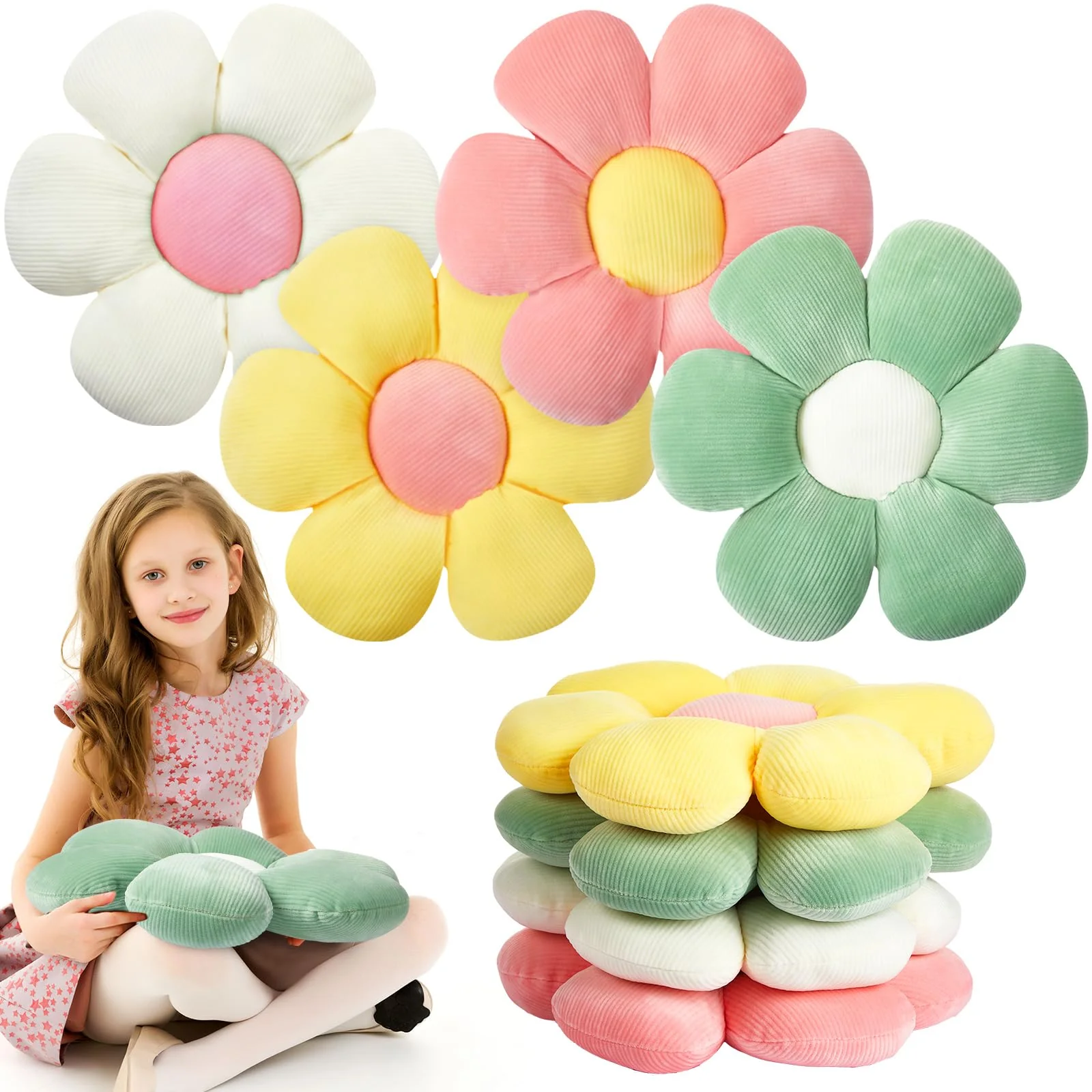 Reginary 4 Pcs Flower Floor Pillows Cute Plush Flower Throw Pillows Daisy Floor Seat Cushion Chair Pads for Christmas First Day