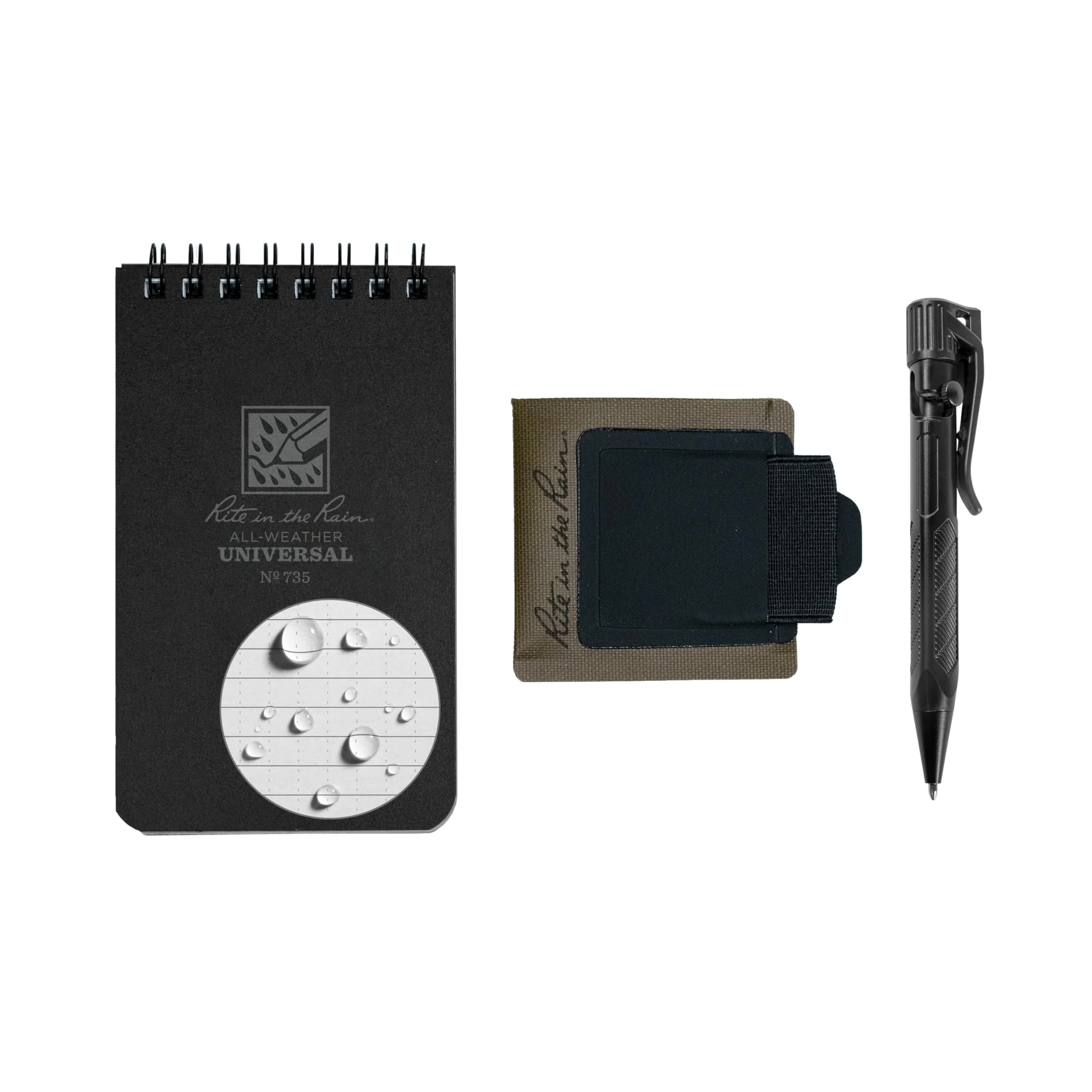 Rite In The Rain All-Weather Monsoon Adhesive Pen And Card Holder Kit, Black 3 X 5 Top-Spiral Notebook, And All-Weather Bl
