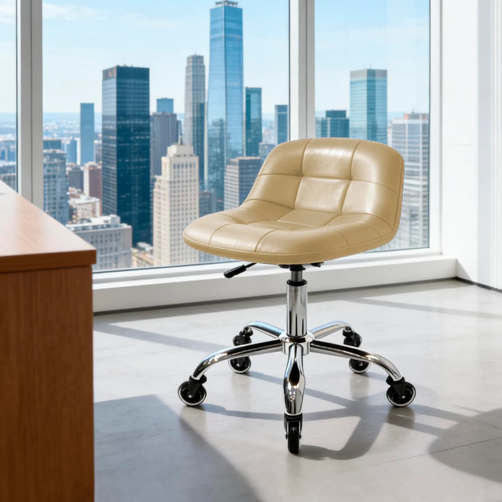 Rolling Stool Chair with Wheels, Height Adjustable stool with Back Support, Heavy Duty Rolling Vanity Chair with PU Leather Cush