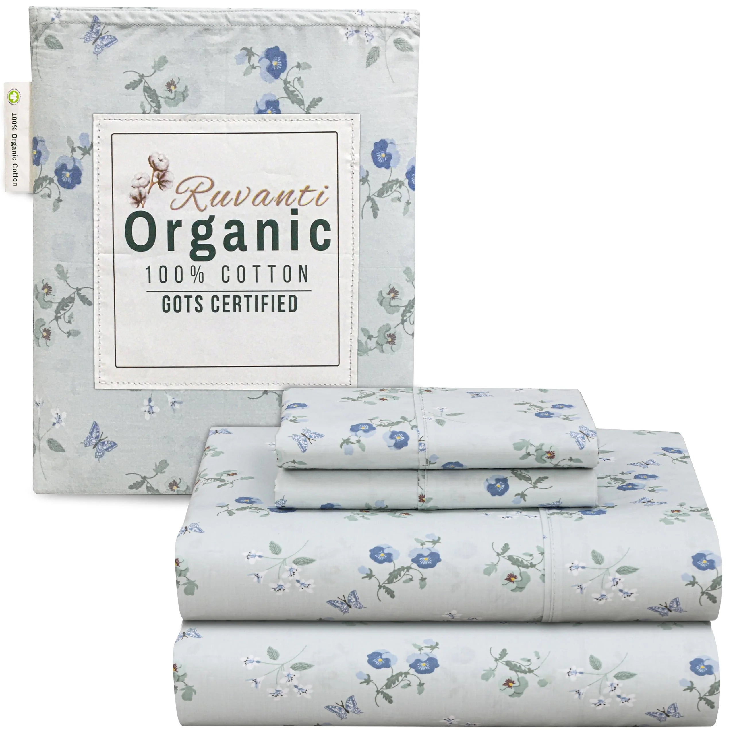 Ruvanti 100% Organic Cotton Full Size Bed Sheets, 4 Pieces, Soft & Breathable Percale Weave Bedding, Deep Pocket 16' Hotel Stan
