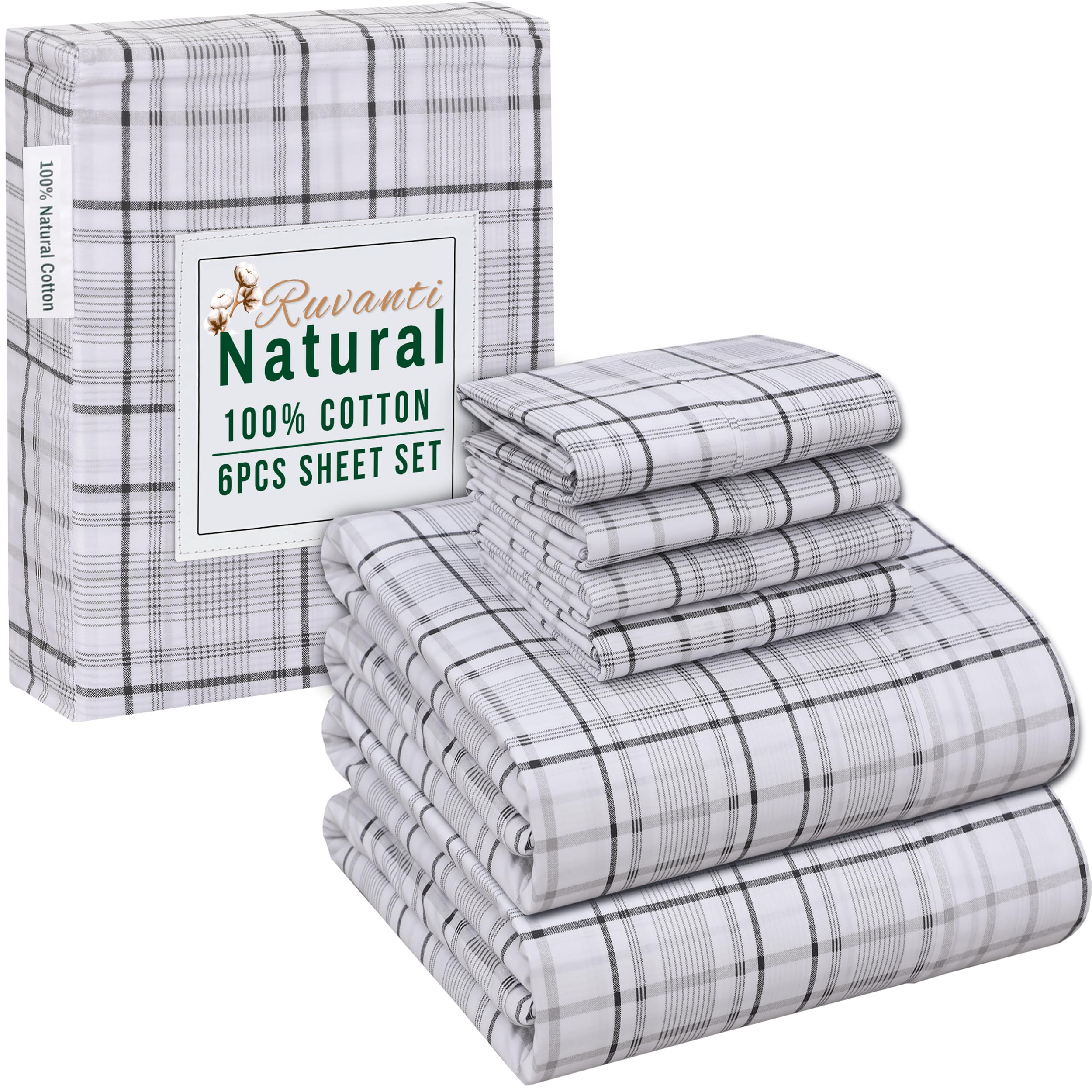 Ruvanti 6 Pcs Cotton Sheets - 100% Natural Cotton Soft, Lightweight & Breathable Crispy Percale, Full Size Bed Sheets, 16' Deep