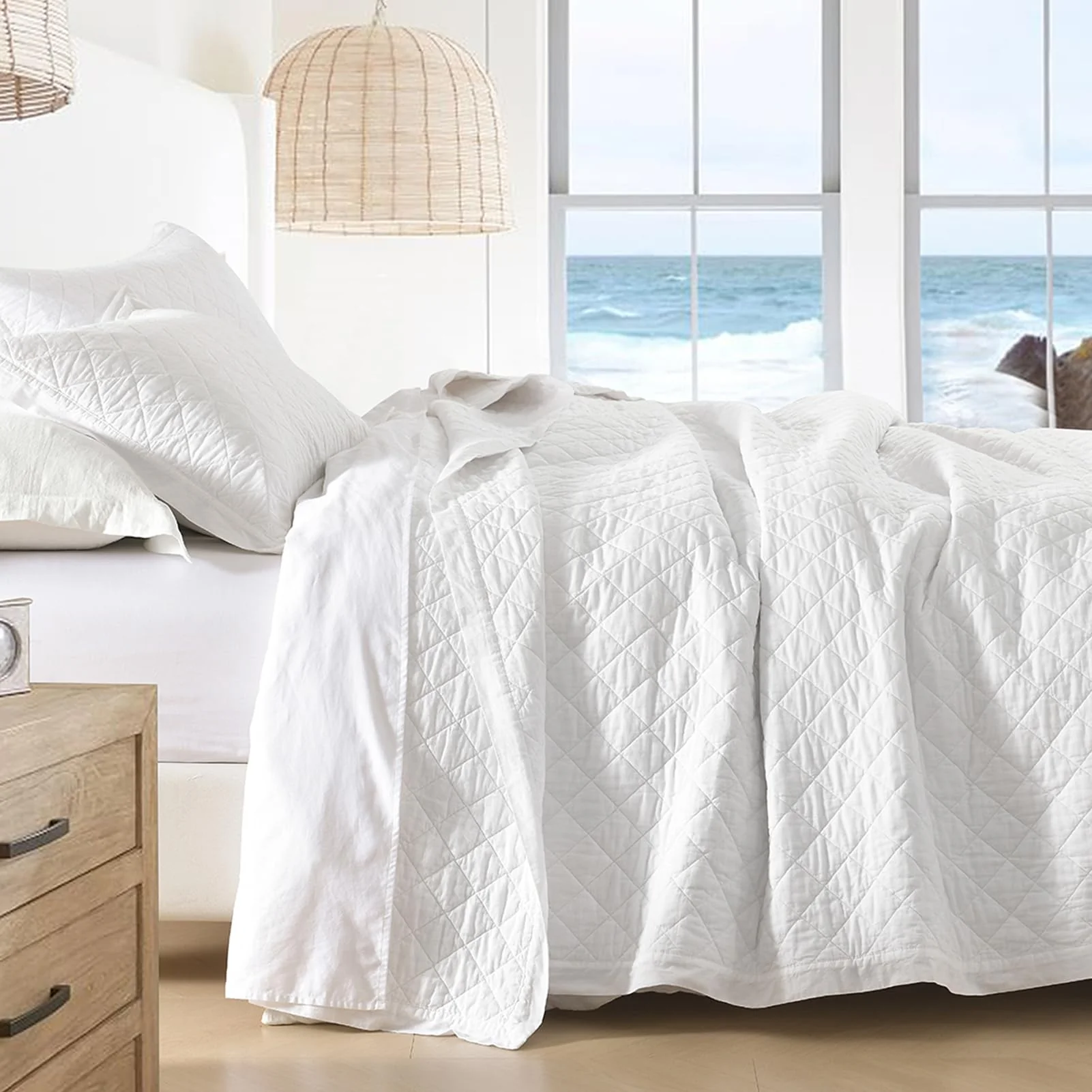 Sahsahcasa Quilt Set King Size, 100% Cotton Quilt Bedding Set Bedspread, Diamond Pattern Stitching Solid Color Chic Lightweight