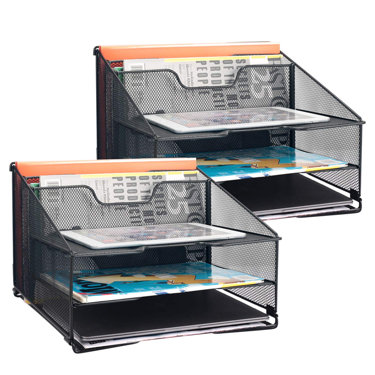 Samstar 2 Pack Mesh Desk File Organizer Letter Tray Holder, Desktop File Folder Holder With 3 Paper Trays And 2 Vertical Upright