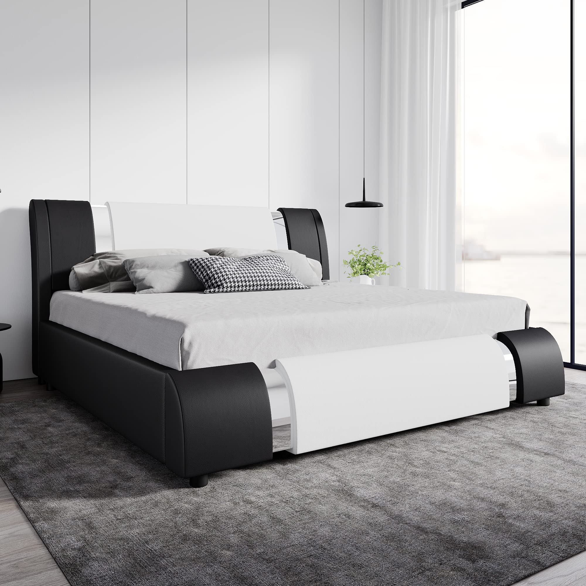 SHA CERLIN Modern Faux Leather King Bed Frame with Adjustable Headboard and Iron Accents, Deluxe Upholstered Platform Bed with S