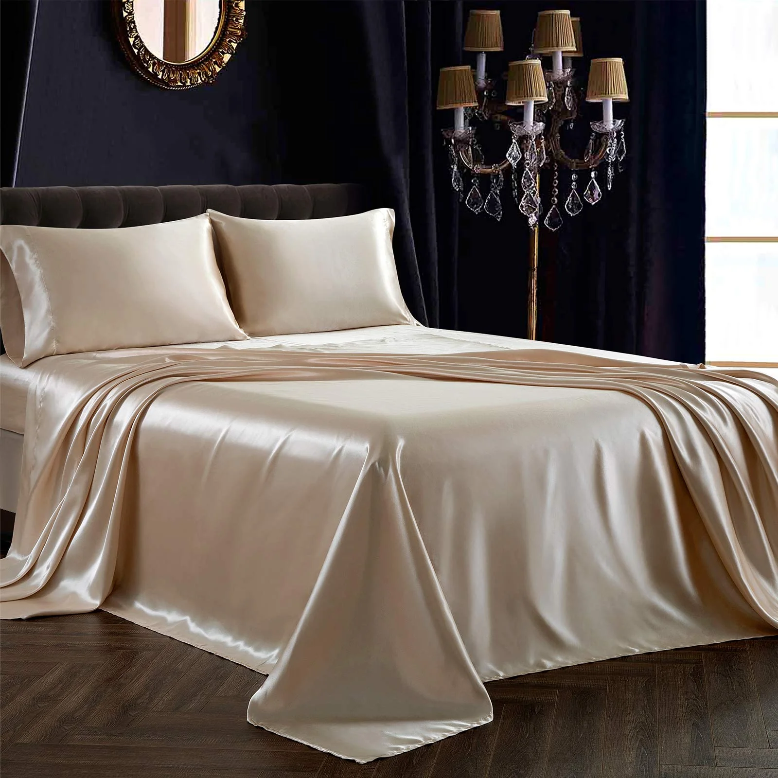 Siinvdabzx 4Pcs Satin Sheet Set Full Size Ultra Silky Soft Beige Satin Full Bed Sheets With Deep Pocket, 1 Fitted Sheet, 1 Flat