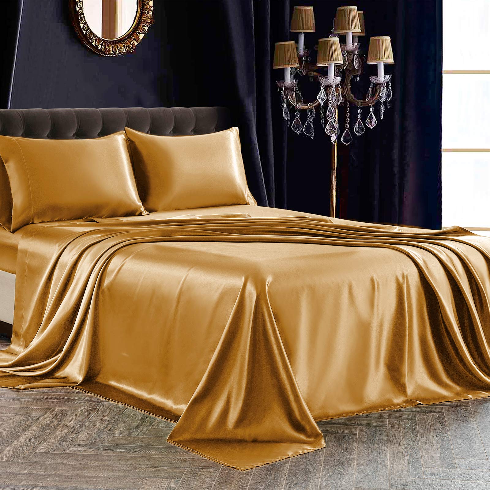 Siinvdabzx 4Pcs Satin Sheet Set Full Size Ultra Silky Soft Gold Satin Full Bed Sheets With Deep Pocket, 1 Fitted Sheet, 1 Flat S