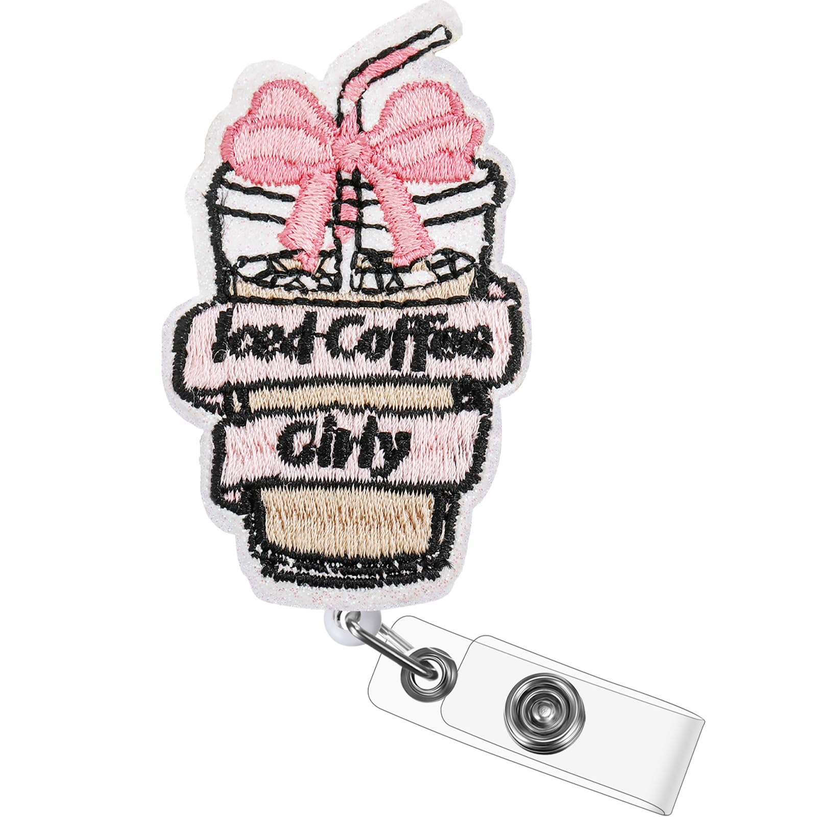 Solsew Coquette Pink Bow Iced Coffee Girly Badge Reel Retractable Badge Holder Cute ID Name Reel Clip Nurse Appreciation Gift fo