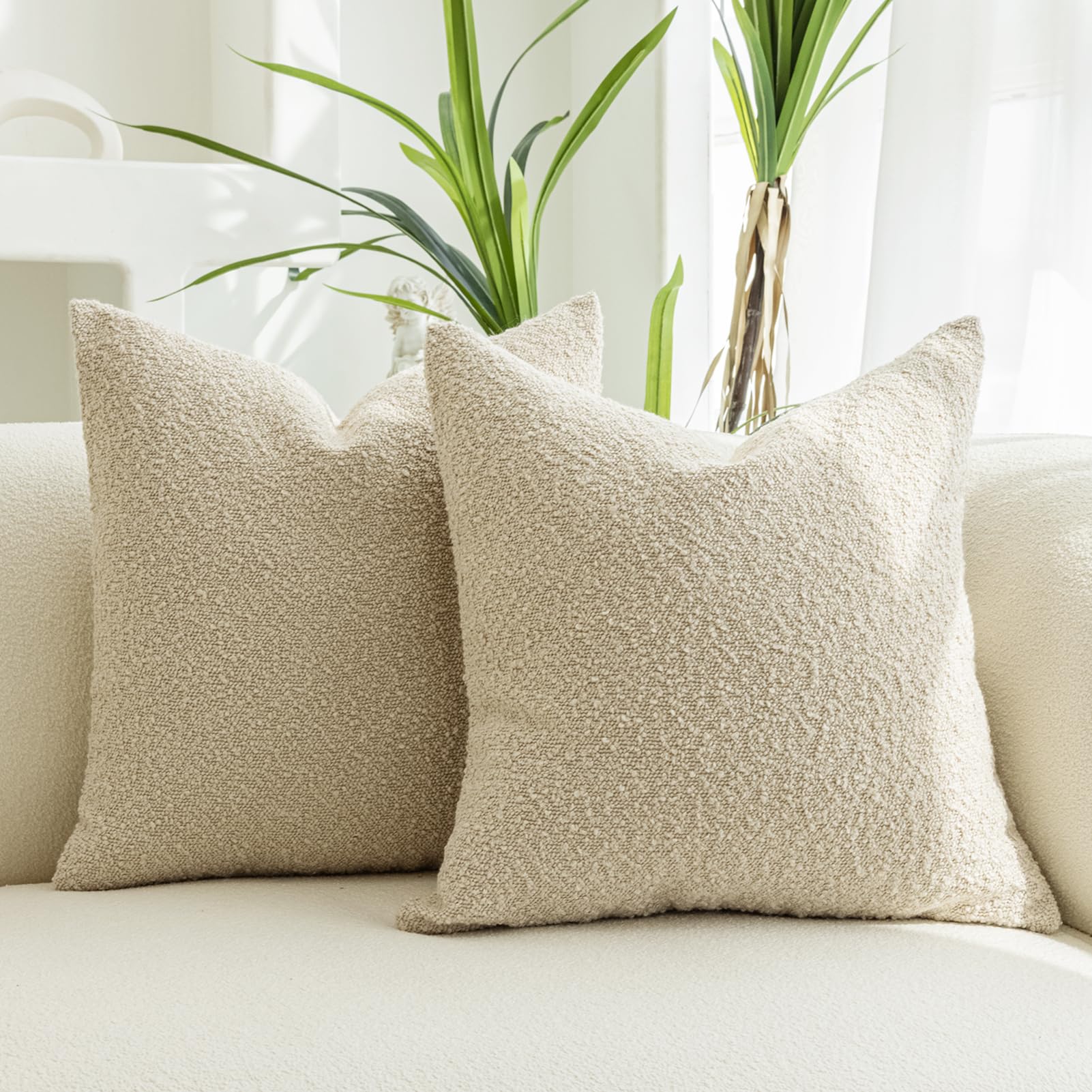 Sonaichte Decorative Pillow Covers Outdoor Throw Pillow Covers 18X18 Pillow Covers Set Of 2 Textured Boucle Beige Pillow Covers