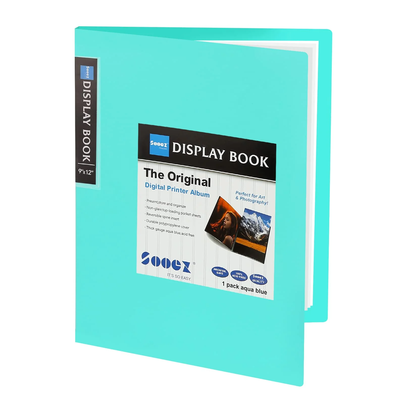 Sooez 30-Pocket Binder With Plastic Sleeves 9X12' (Aqua), Heavy Duty Art Portfolio Folder With Clear Sheet Protectors, Display