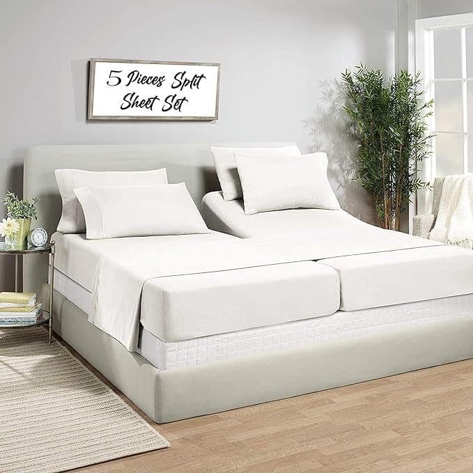 Split King Sheets- 5 Piece Adjustable Split King Sheets Sleep Number Bed- 1800 Ultra-Soft Microfiber Split King Bed Sheets- 16-I