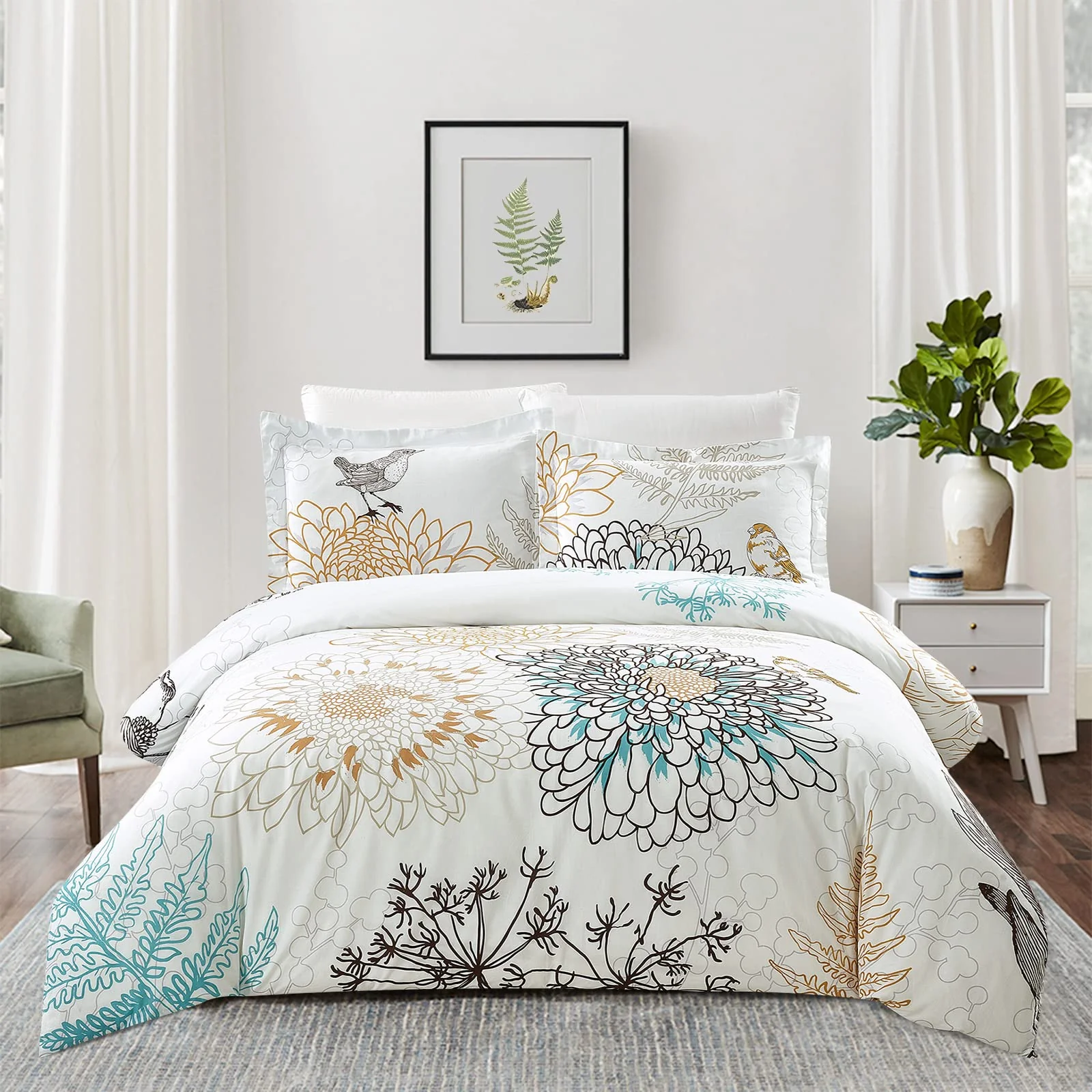 Style Quarters King 100% Cotton Percale Bird Style 3 Pieces Duvet Cover, King, White with 1 Duvet Cover and 2 Pillow Shams