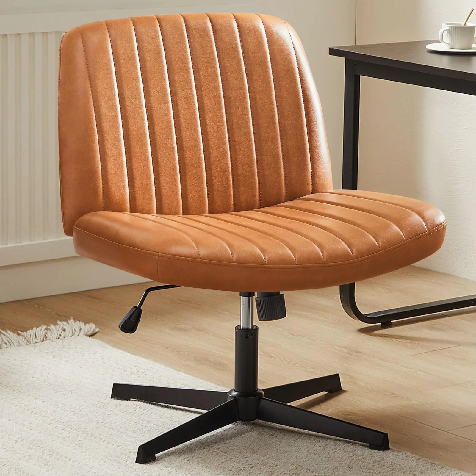 Sweetcrispy Criss Cross Chair Legged, Armless Office Wide Desk Chair No Wheels, PU Leather Swivel Vanity Height Adjustable Fabri