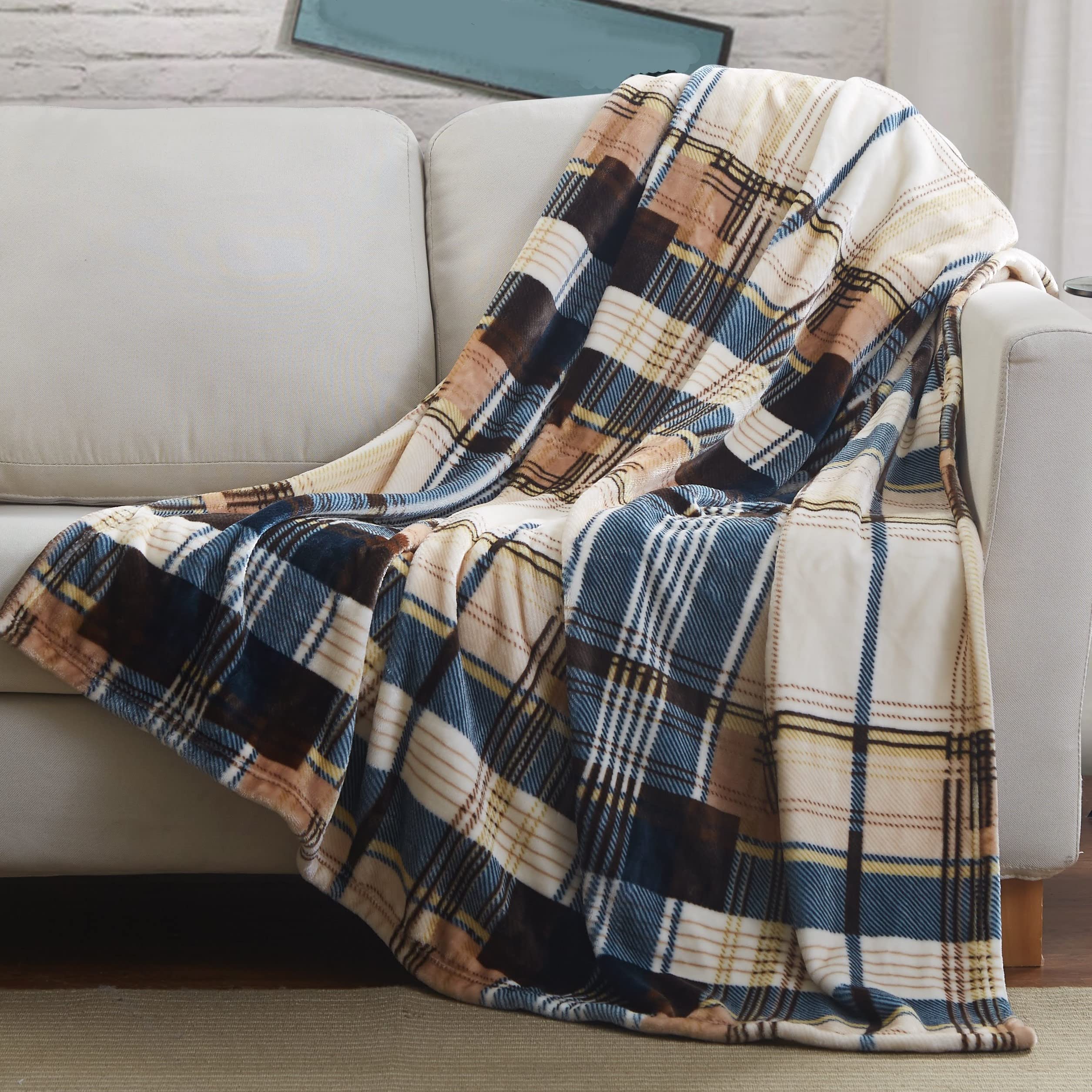 Tache Winter Cabin Blue Tan Farmhouse Super Soft Micro Fleece Tartan Plaid Plush Lightweight Dual-Sided Decorative Couch, Sofa,