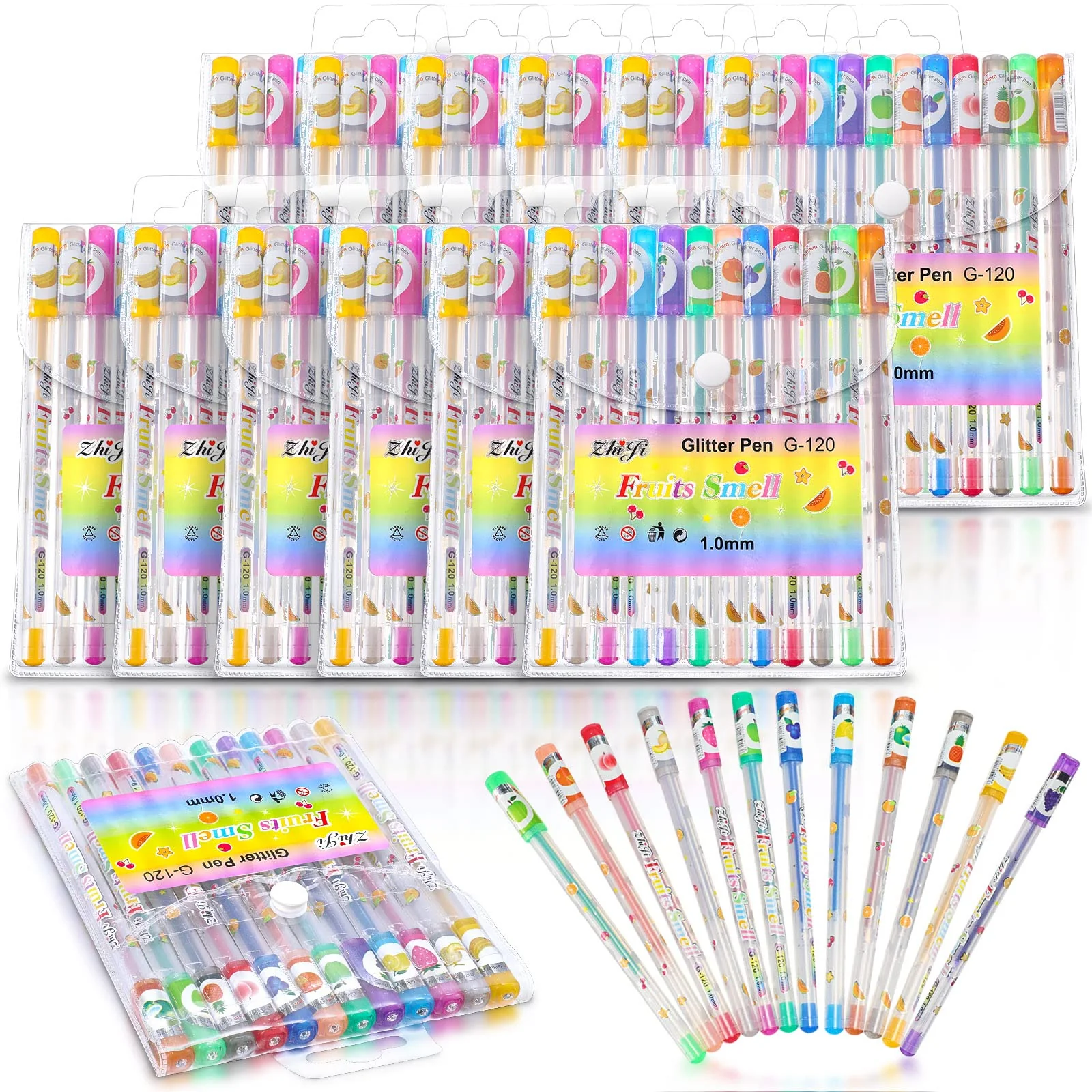 Teling 144 Pcs Scented Glitter Gel Pens Multicolor Fun Cute Fruit Scented Pens for Kids Arts Crafts School Stationery Supplies G