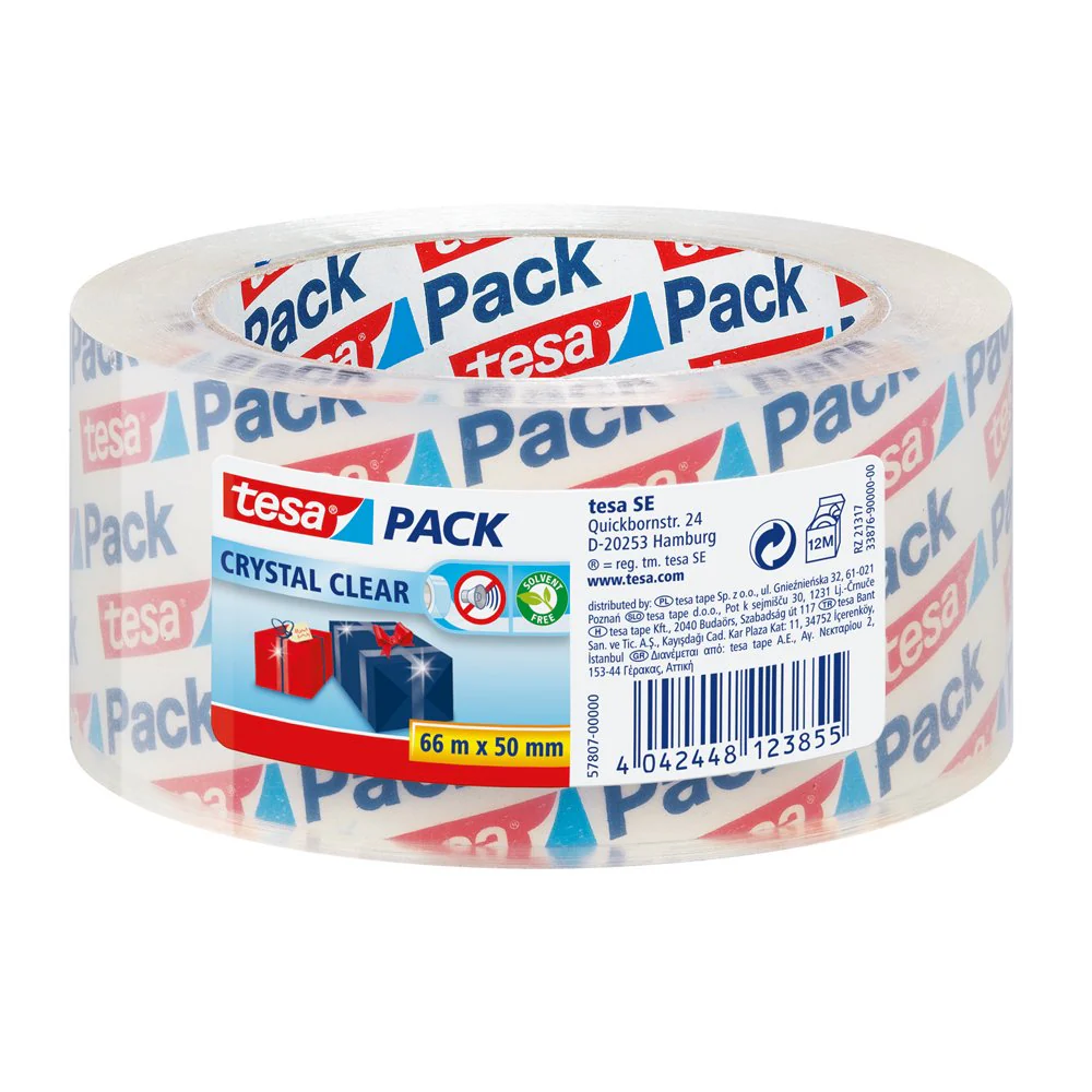 Tesa Pack Crystal Clear Packaging Tape - Silent Packaging Tape With Polypropylene Backing - Uv Resistant - Transparent Roll - 66